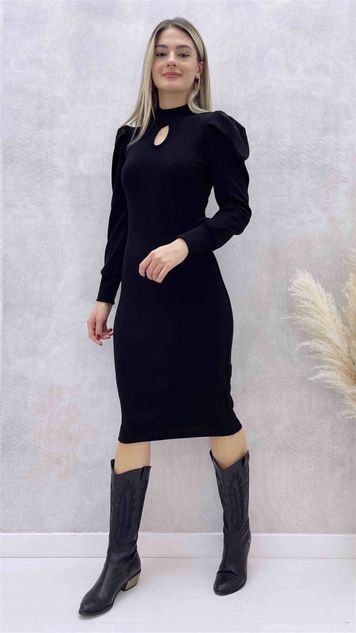 ESNEK TRİKO KUMAŞ OMUZ DETAYLI SİYAH ELBİSE GÜNLÜK BLACK DAY DRESS DKS-015-SİYAH