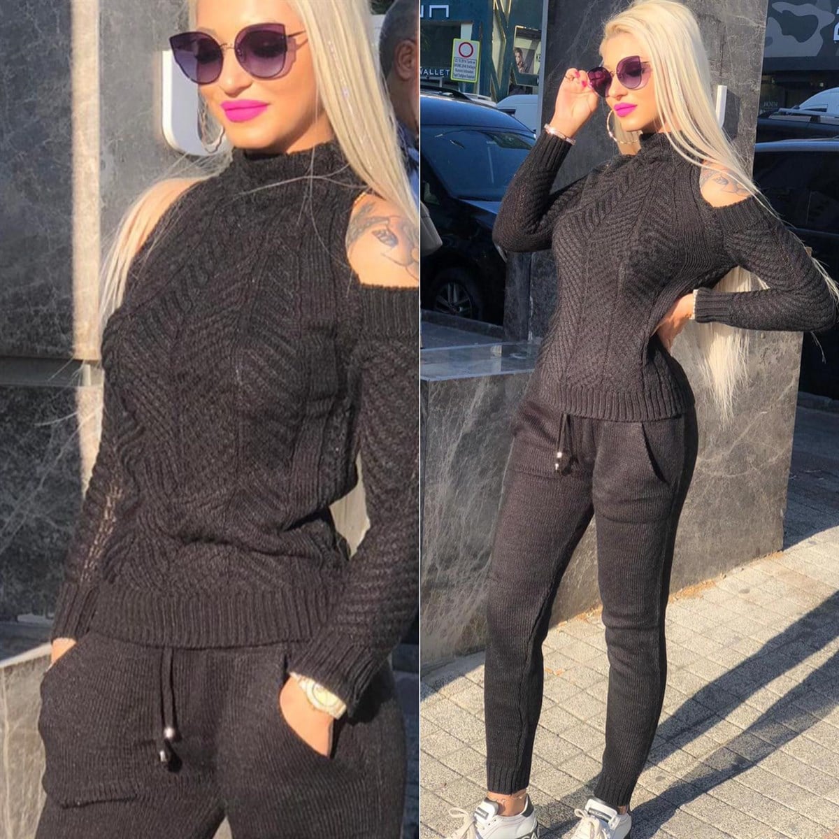 ESNEK TRİKO KUMAŞ OMUZLARI AÇIK DETAYLI ÖRME BAYAN EŞOFMAN TAKIM İKİ PARÇA SPOR TAKIM WOMAN SPORTSWEAR LP-281-1