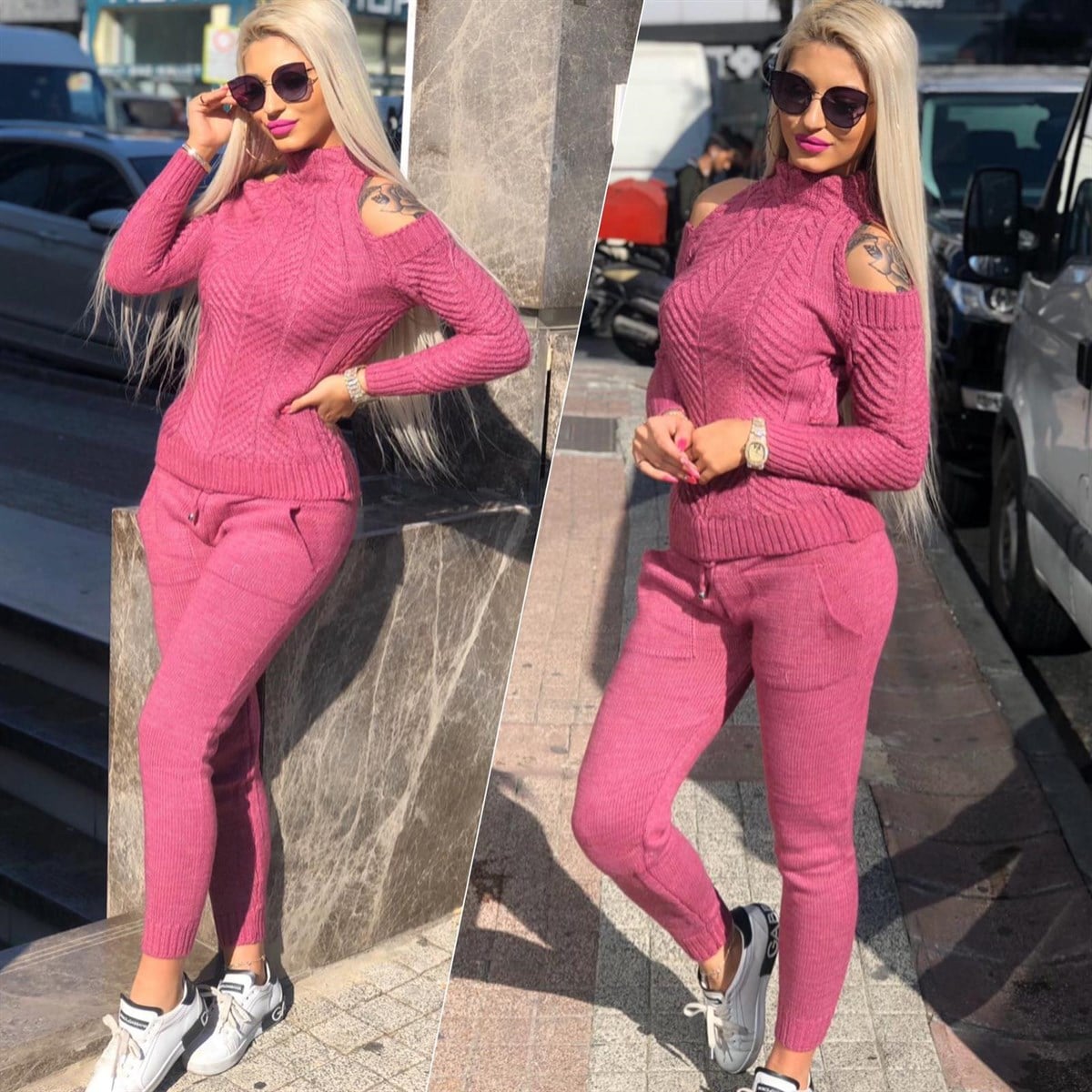 ESNEK TRİKO KUMAŞ OMUZLARI AÇIK DETAYLI ÖRME BAYAN EŞOFMAN TAKIM İKİ PARÇA SPOR TAKIM WOMAN SPORTSWEAR LP-281-2