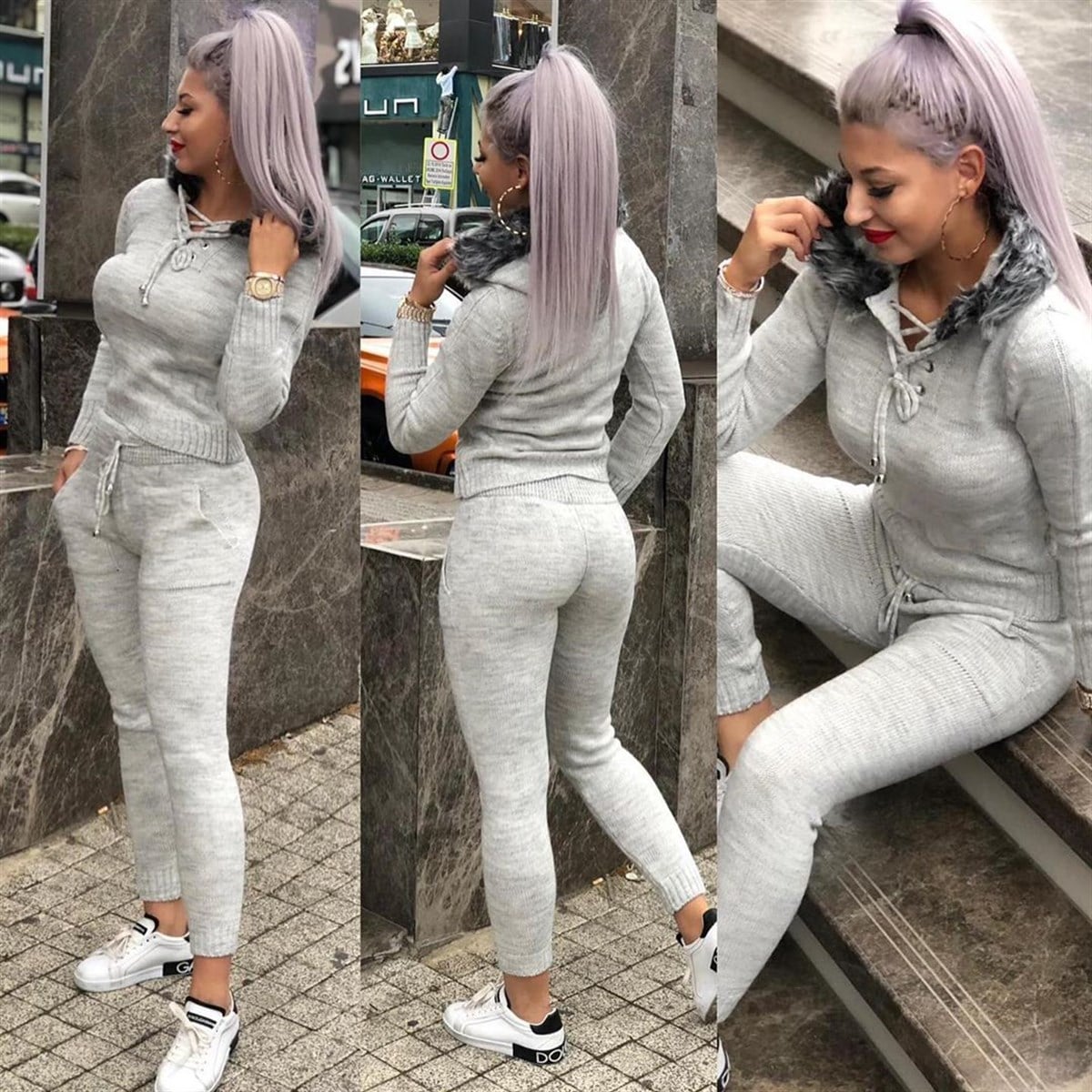ESNEK TRİKO KUMAŞ YAKASI KÜRK DETAYLI BAYAN EŞOFMAN TAKIM İKİ PARÇA TRİKO SPOR TAKIM WOMAN SPORTSWEAR LP-284-1