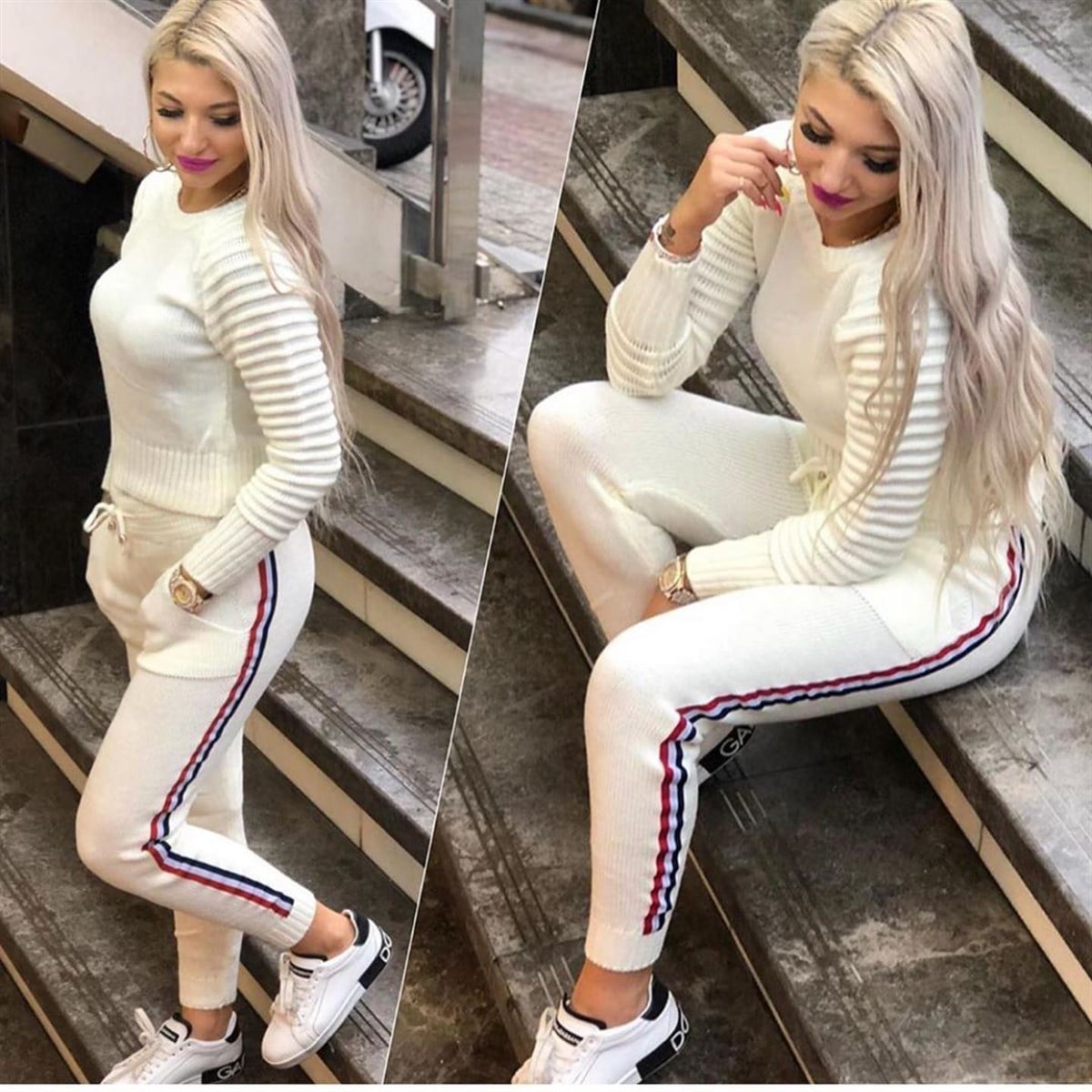 ESNEK TRİKO KUMAŞ YANI ŞERİT DETAYLI BAYAN EŞOFMAN TAKIM İKİ PARÇA SPOR TAKIM WOMAN SPORTSWEAR LP-279-1