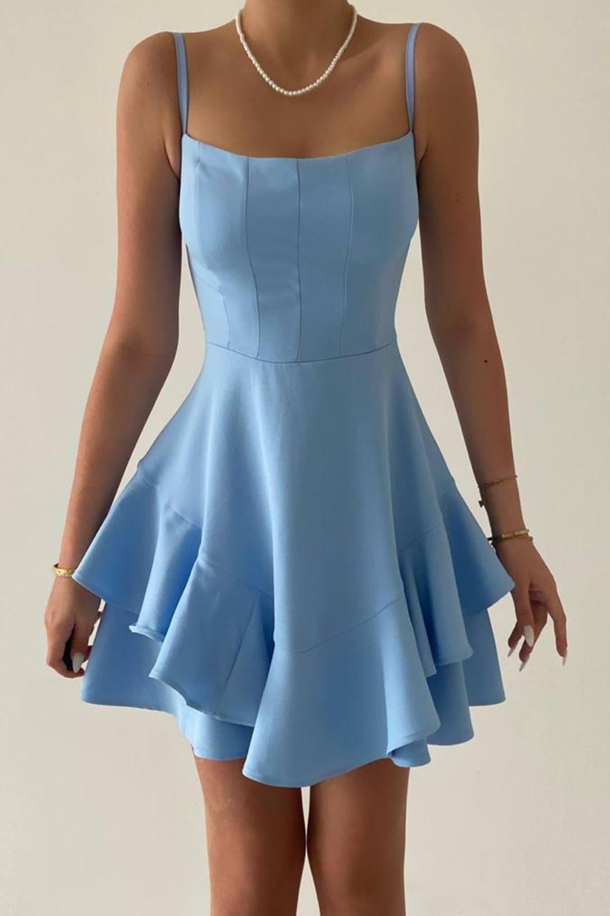 ETEĞİ VOLANLI İNCE ASKILI BEBE MAVİ MİNİ ELBİSE BABY BLUE MINI DRESS ETC-102-BEBEMAVİ