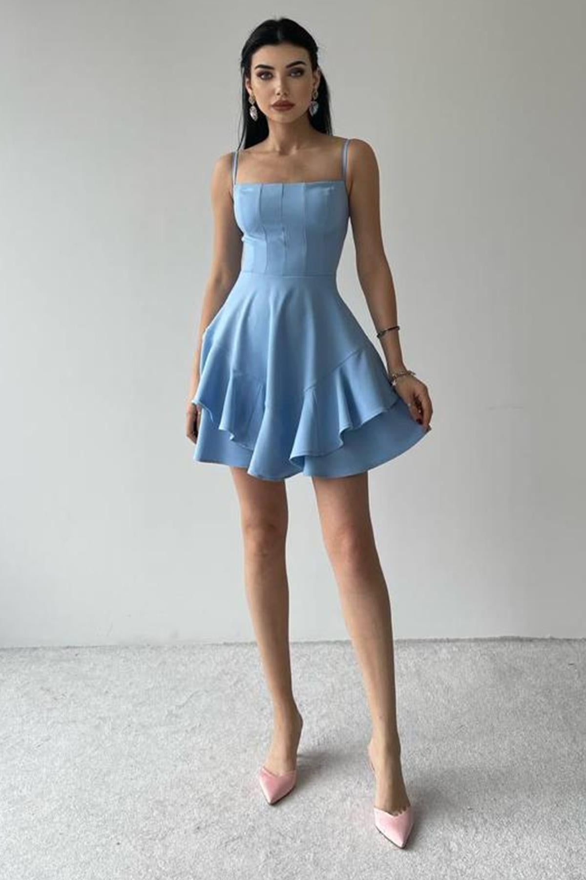 ETEĞİ VOLANLI İNCE ASKILI BEBE MAVİ MİNİ ELBİSE BABY BLUE MINI DRESS ETC-102-BEBEMAVİ