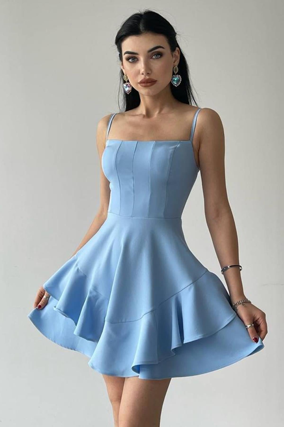 ETEĞİ VOLANLI İNCE ASKILI BEBE MAVİ MİNİ ELBİSE BABY BLUE MINI DRESS ETC-102-BEBEMAVİ