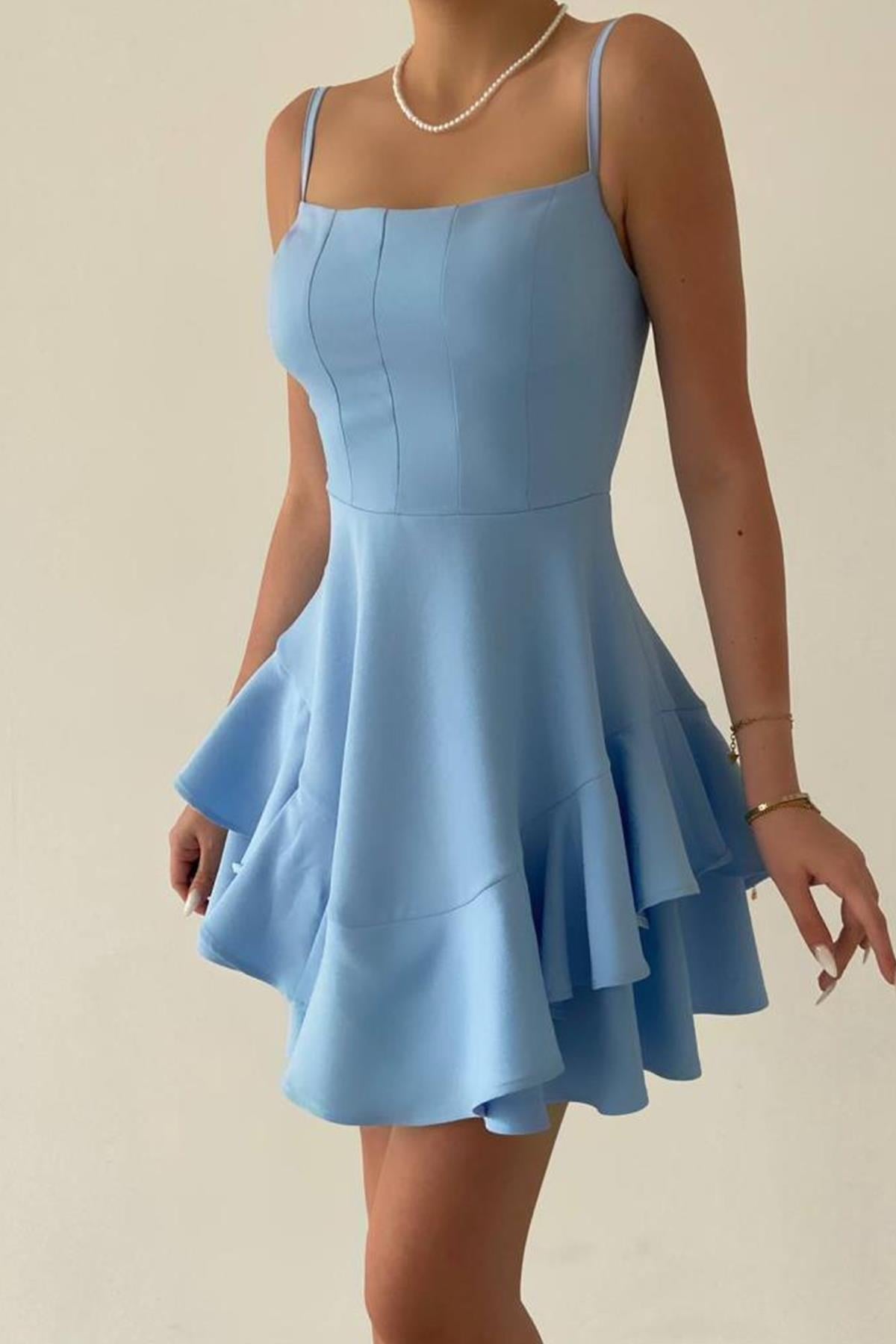 ETEĞİ VOLANLI İNCE ASKILI BEBE MAVİ MİNİ ELBİSE BABY BLUE MINI DRESS ETC-102-BEBEMAVİ