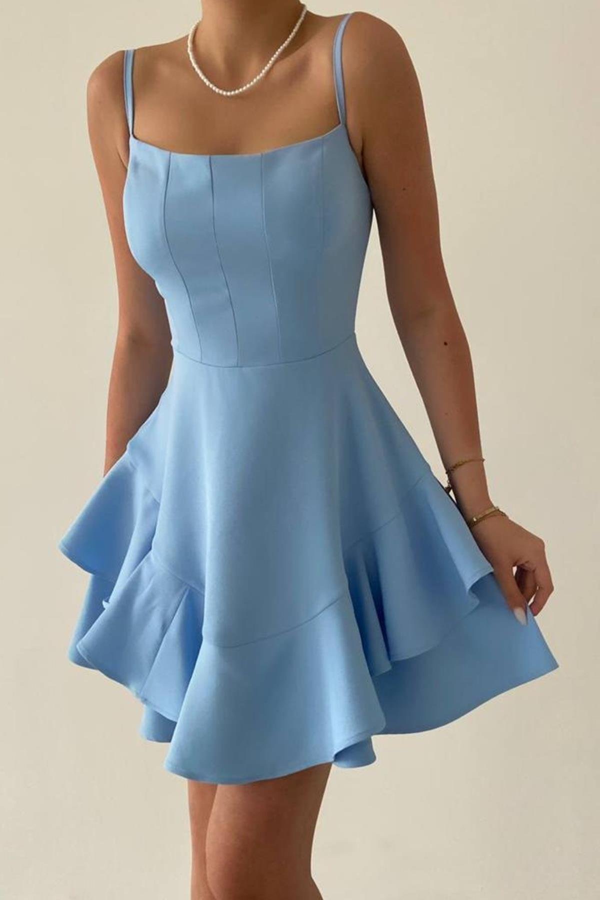 ETEĞİ VOLANLI İNCE ASKILI BEBE MAVİ MİNİ ELBİSE BABY BLUE MINI DRESS ETC-102-BEBEMAVİ