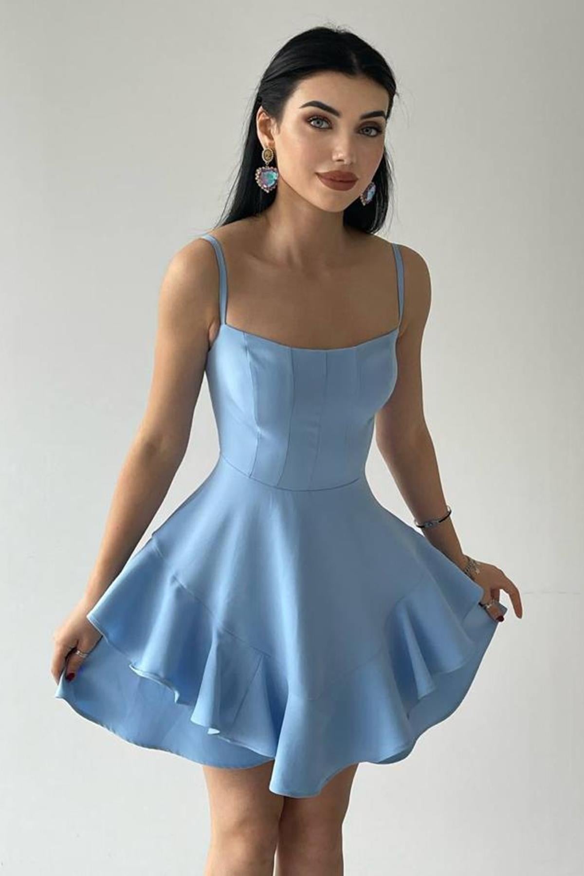 ETEĞİ VOLANLI İNCE ASKILI BEBE MAVİ MİNİ ELBİSE BABY BLUE MINI DRESS ETC-102-BEBEMAVİ