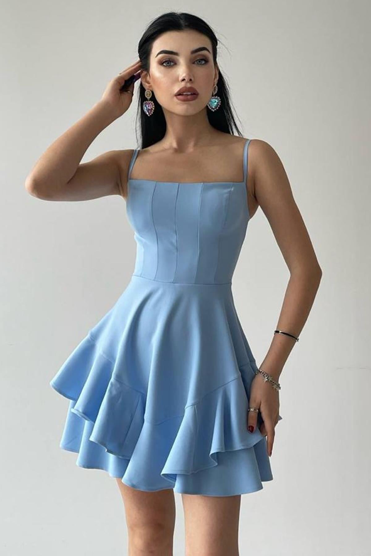 ETEĞİ VOLANLI İNCE ASKILI BEBE MAVİ MİNİ ELBİSE BABY BLUE MINI DRESS ETC-102-BEBEMAVİ