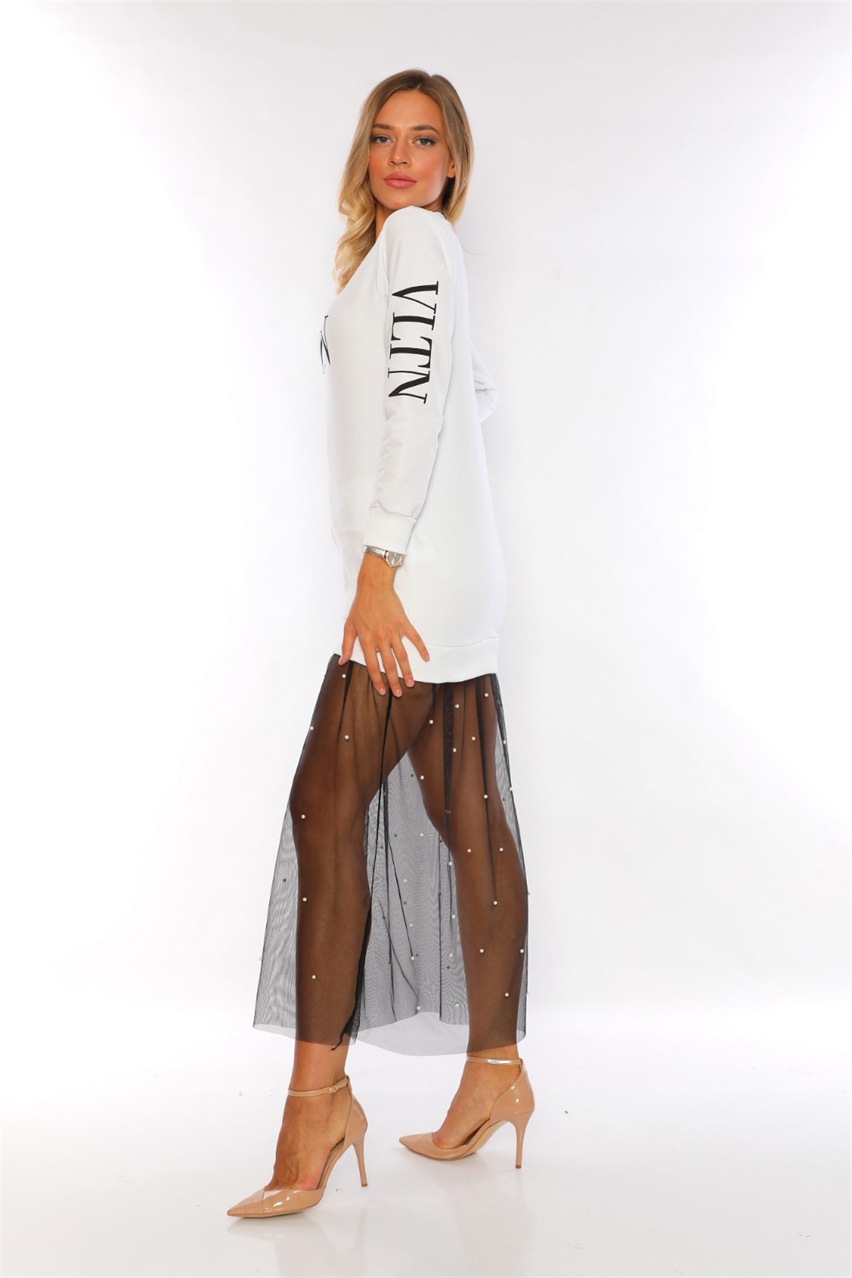 ETEK UCU DANTEL DETAYLI İKİİPLİK ESNEK KUMAŞ UZUN KOLLU BEYAZ SPOR ELBİSE WOMAN SPORTSWEAR WHITE TUNIC WHITE DRESS ZN-002-2