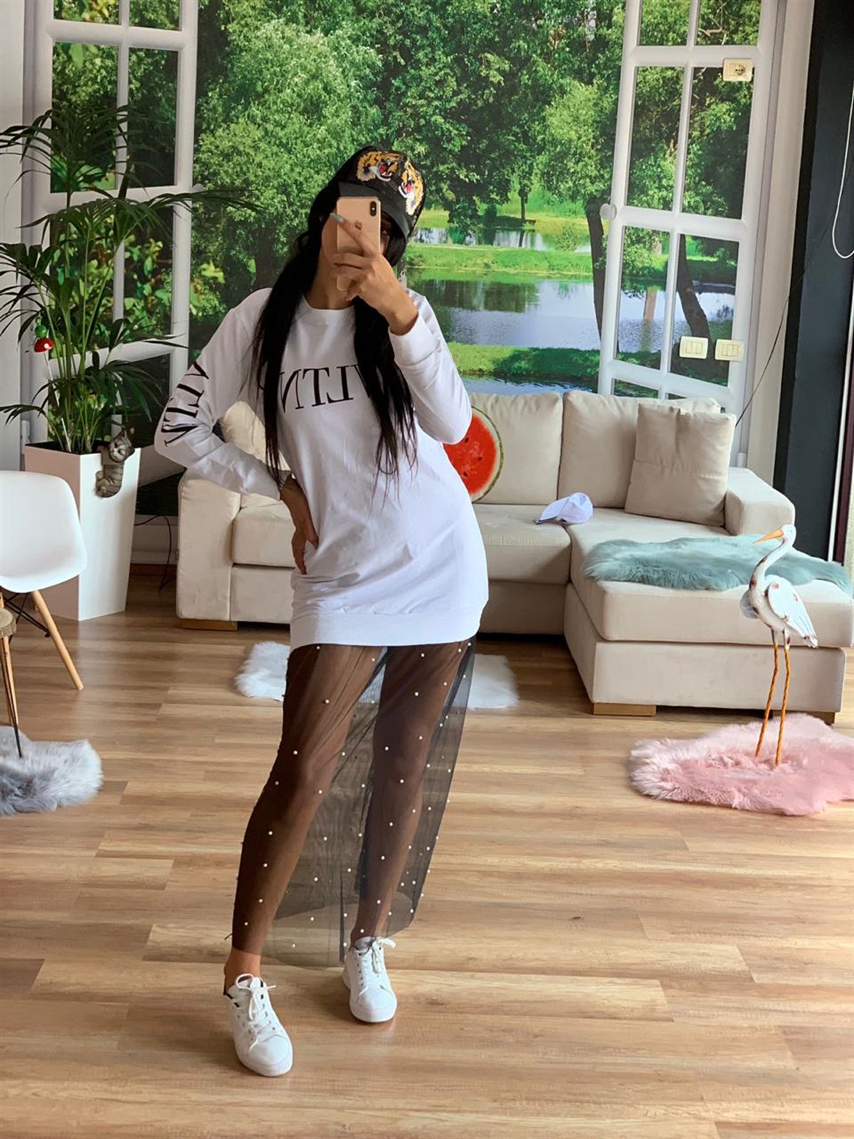 ETEK UCU DANTEL DETAYLI İKİİPLİK ESNEK KUMAŞ UZUN KOLLU BEYAZ SPOR ELBİSE WOMAN SPORTSWEAR WHITE TUNIC WHITE DRESS ZN-002-2