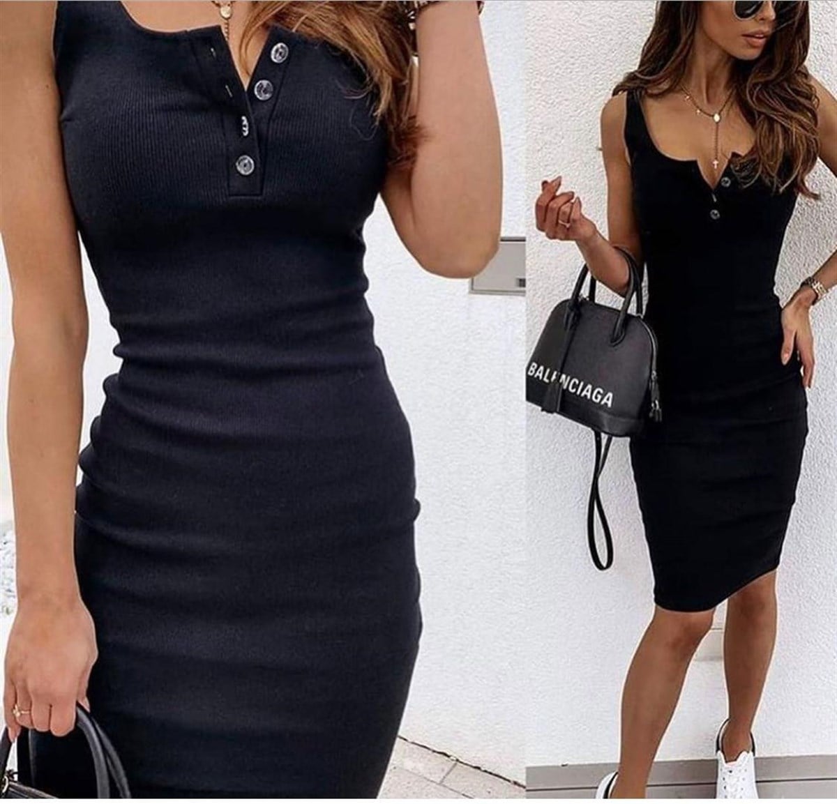 GÖĞÜS DEKOLTELİ ÇITÇIT DETAYLI ESNEK KUMAŞ ASKILI SİYAH ELBİSE ASKILI SİYAH GÜNLÜK ELBİSESİ SİYAH ELBİSE BLACK DAY DRESS LA-001-1