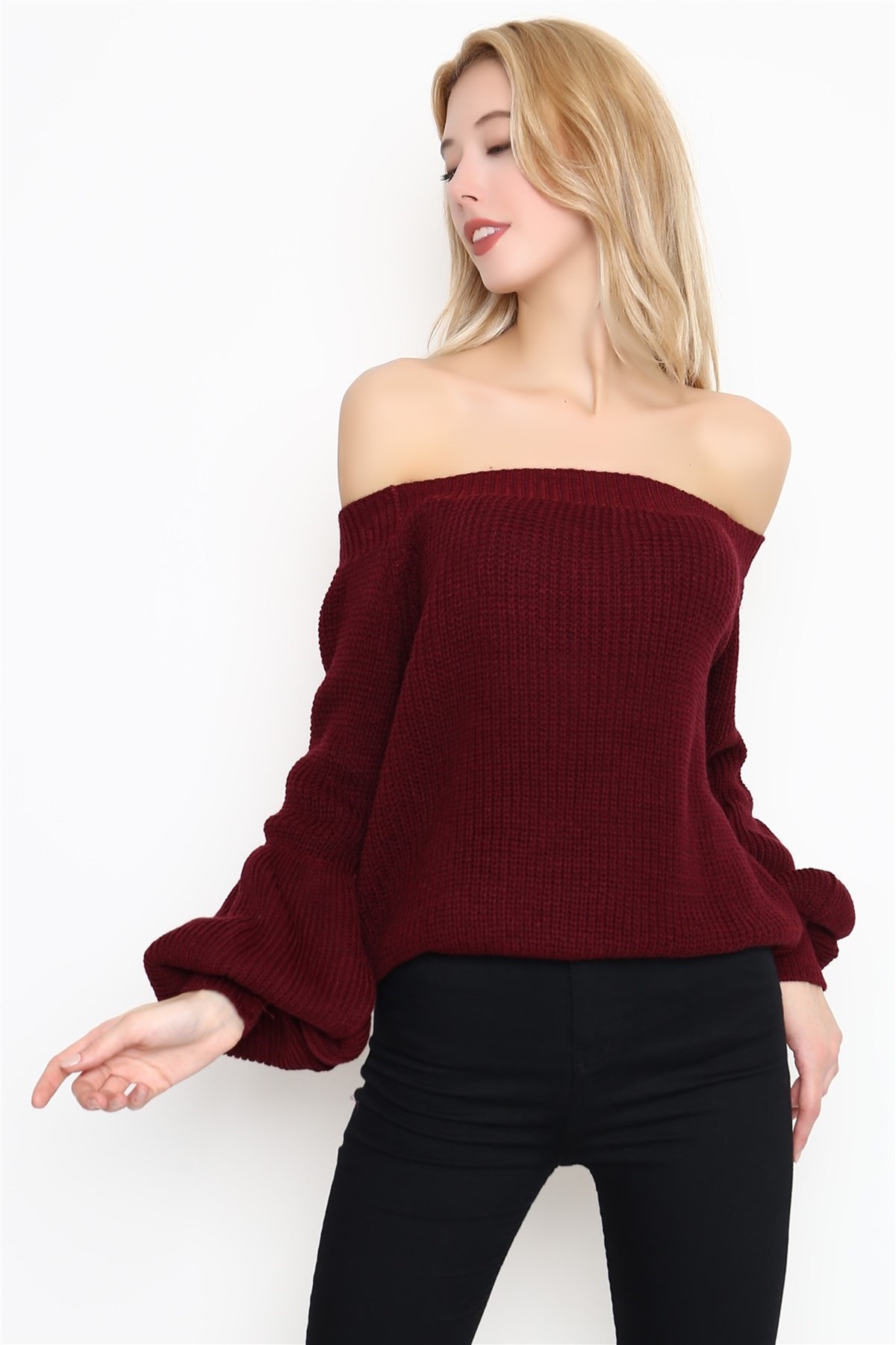 GÖĞÜS DEKOLTELİ STRAPLEZ ÖRME KUMAŞ BALON KOLLU ÖRME MAVİ KAZAK HG-31344-BORDO