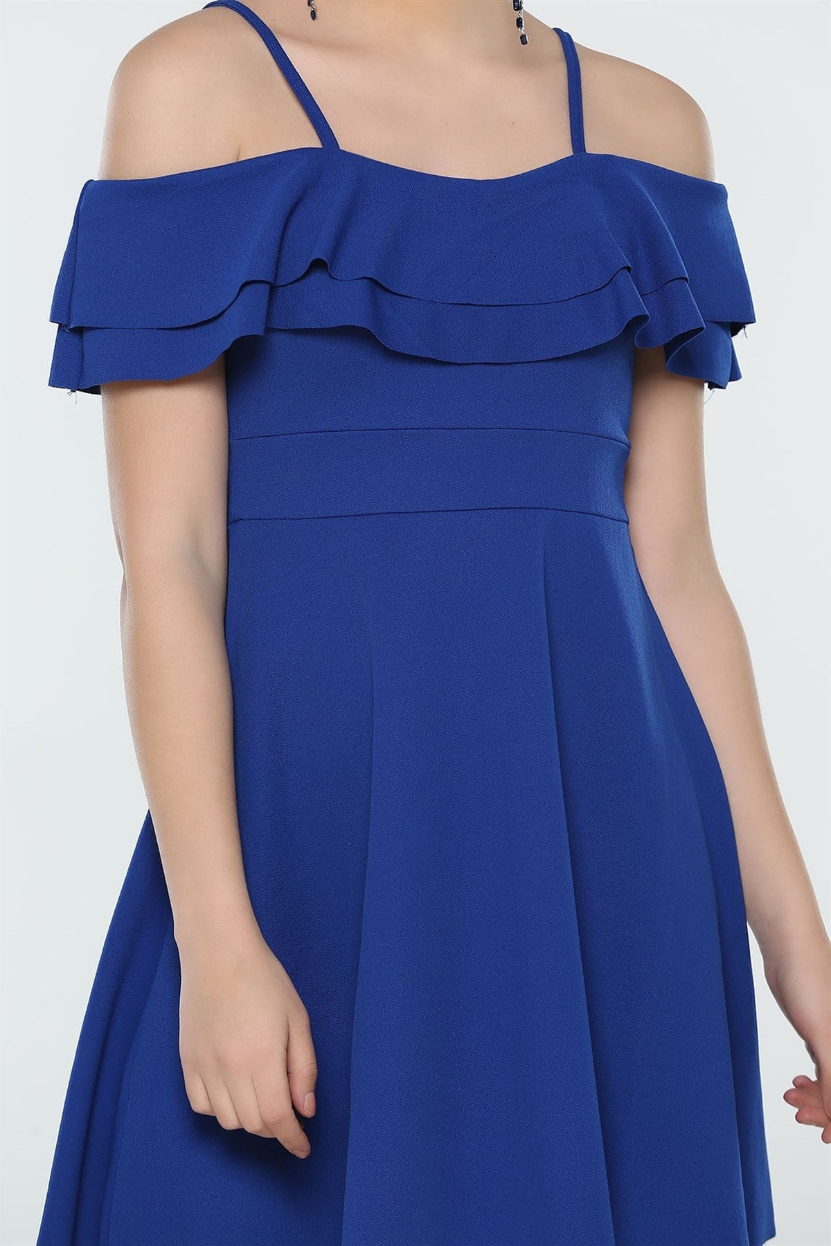 GÖĞÜSÜ VOLAN DETAYLI ASKILI MAVİ MİNİ ELBİSE MAVİ MİNİ ABİYE ELBİSE MAVİ GECE ELBİSESİ BLUE MINI DRESS BLUE PARTY DRESS BLUE CLUBWEAR EMR-014-MAVİ