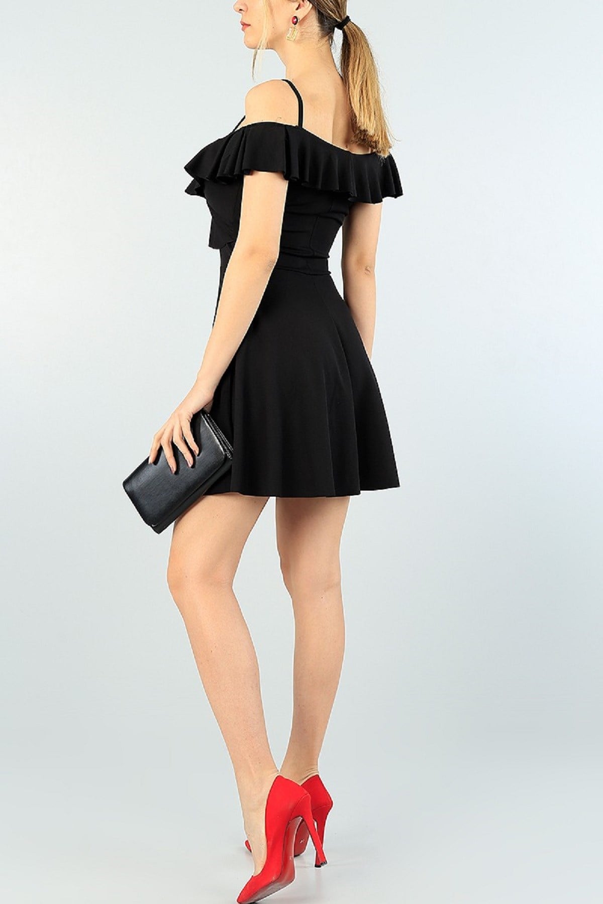 GÖĞÜSÜ VOLAN DETAYLI V YAKA KOLSUZ SİYAH MİNİ ELBİSE SİYAH MİNİ ABİYE ELBİSE SİYAH GECE ELBİSESİ BLACK MINI DRESS BLACK PARTY DRESS BLACK CLUBWEAR emr-077-SİYAH