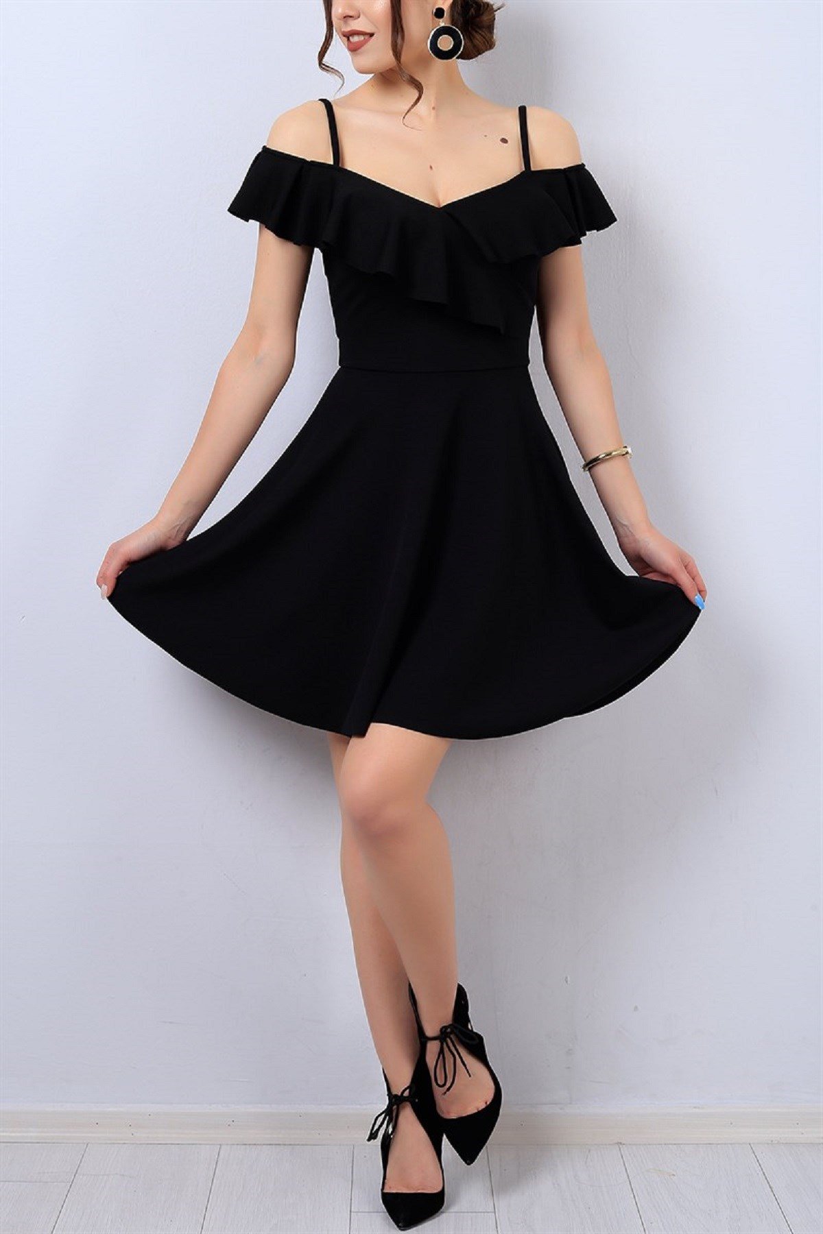 GÖĞÜSÜ VOLAN DETAYLI V YAKA KOLSUZ SİYAH MİNİ ELBİSE SİYAH MİNİ ABİYE ELBİSE SİYAH GECE ELBİSESİ BLACK MINI DRESS BLACK PARTY DRESS BLACK CLUBWEAR emr-077-SİYAH