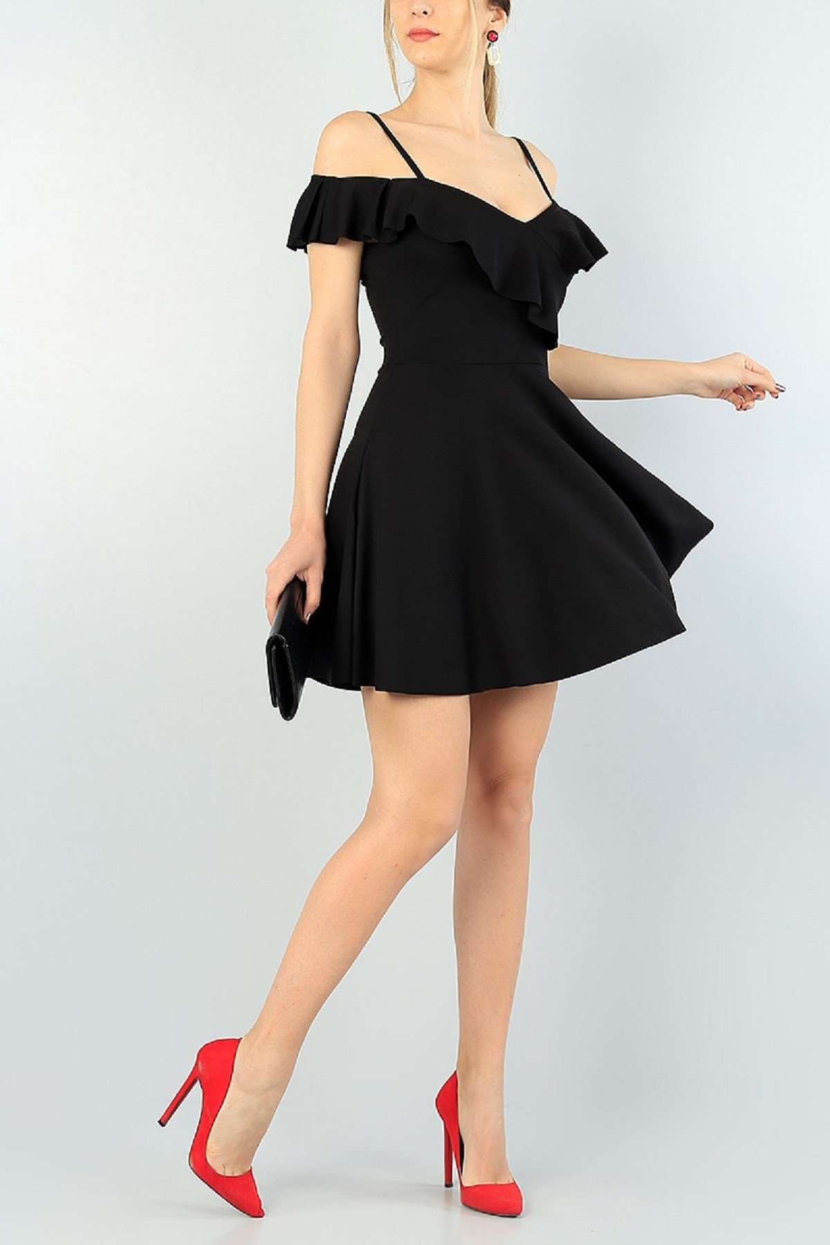 GÖĞÜSÜ VOLAN DETAYLI V YAKA KOLSUZ SİYAH MİNİ ELBİSE SİYAH MİNİ ABİYE ELBİSE SİYAH GECE ELBİSESİ BLACK MINI DRESS BLACK PARTY DRESS BLACK CLUBWEAR emr-077-SİYAH