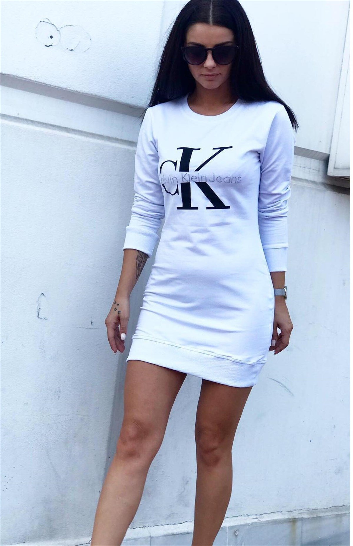 İKİİPLİK ESNEK KUMAŞ BEYAZ UZUN KOLLU TUNİK BEYAZ UZUN KOLLU SPOR ELBİSE  WOMAN SPORTSWEAR WHITE TUNIC WHITE DRESS DMN-065-2