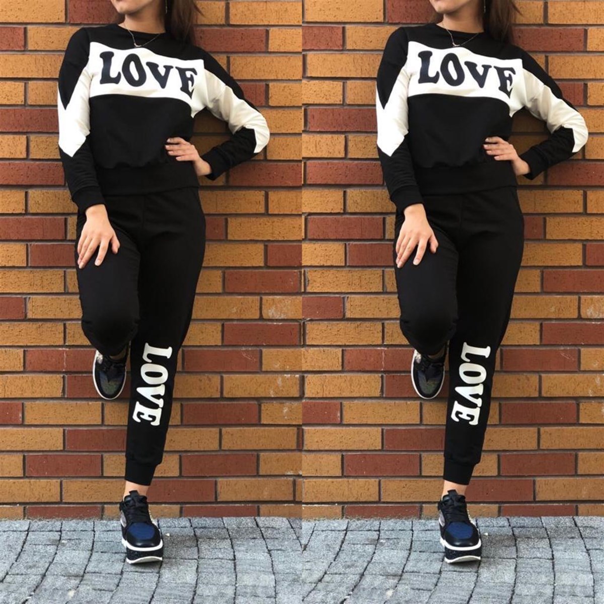 İKİİPLİK ESNEK KUMAŞ LOVE BASKI DETAYLI SİYAH BAYAN EŞOFMAN TAKIM ALT ÜST BAYAN EŞOFMAN TAKIM BAYAN SPOR TAKIM WOMAN SPORTSWEAR SET CHP-225-1