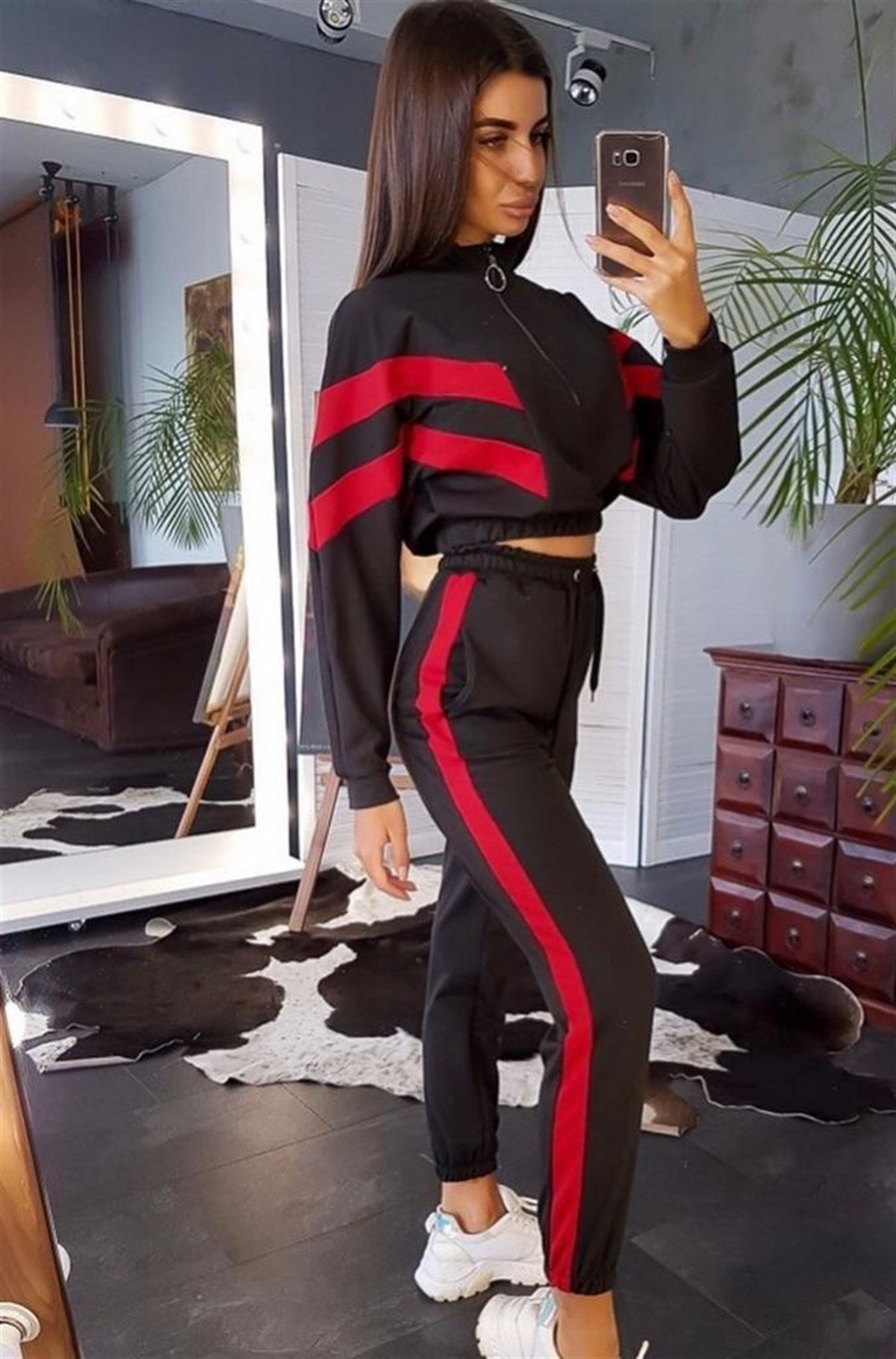 İKİİPLİK ESNEK KUMAŞ ŞERİT DETAYLI BAYAN EŞOFMAN TAKIM ALT ÜST BAYAN EŞOFMAN TAKIM BAYAN SPOR TAKIM WOMAN SPORTSWEAR SET CHP-224-2