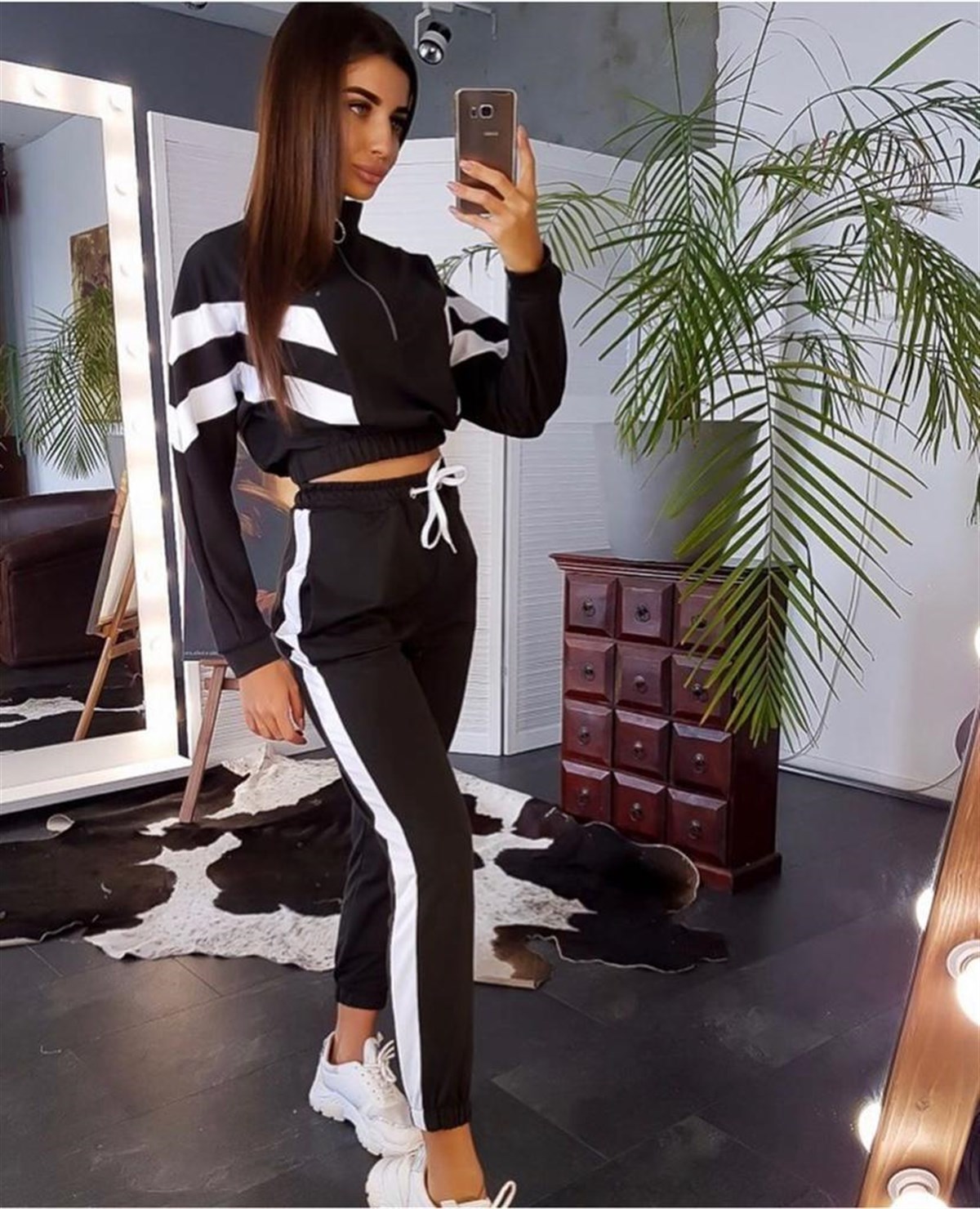 İKİİPLİK ESNEK KUMAŞ ŞERİT DETAYLI BAYAN EŞOFMAN TAKIM ALT ÜST BAYAN EŞOFMAN TAKIM BAYAN SPOR TAKIM WOMAN SPORTSWEAR SET CHP-224-1