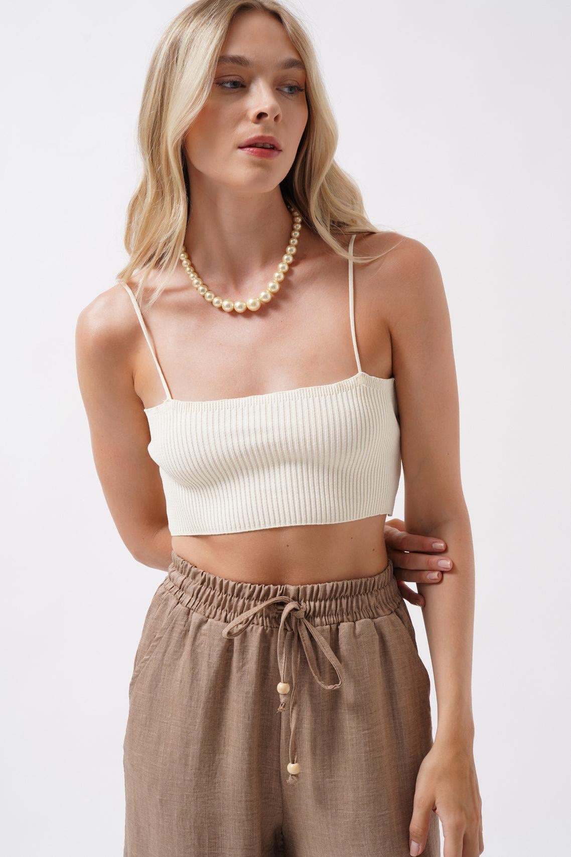 İnce Askılı Ekru Crop Top