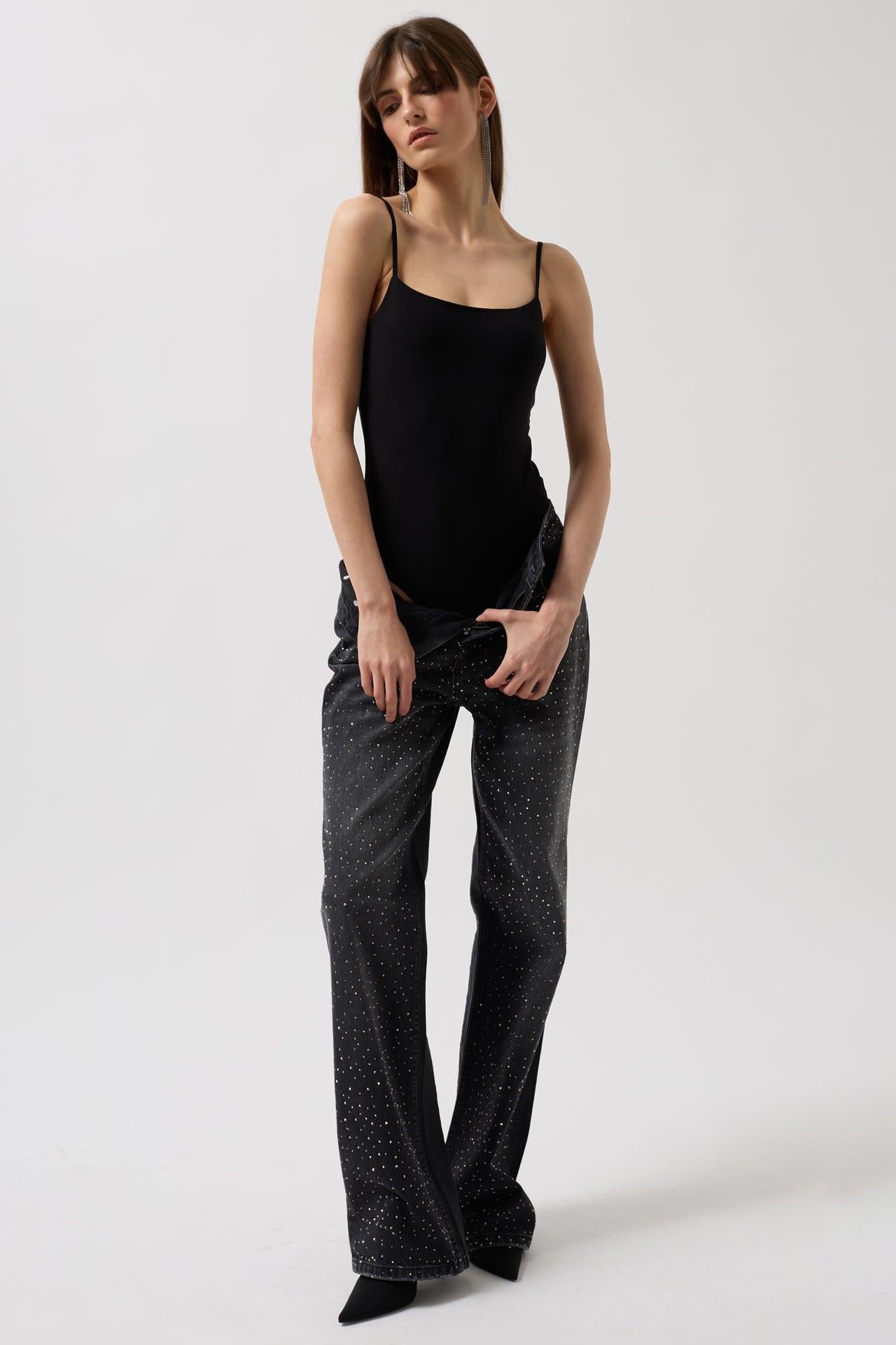 İp Askılı Siyah Bodysuit