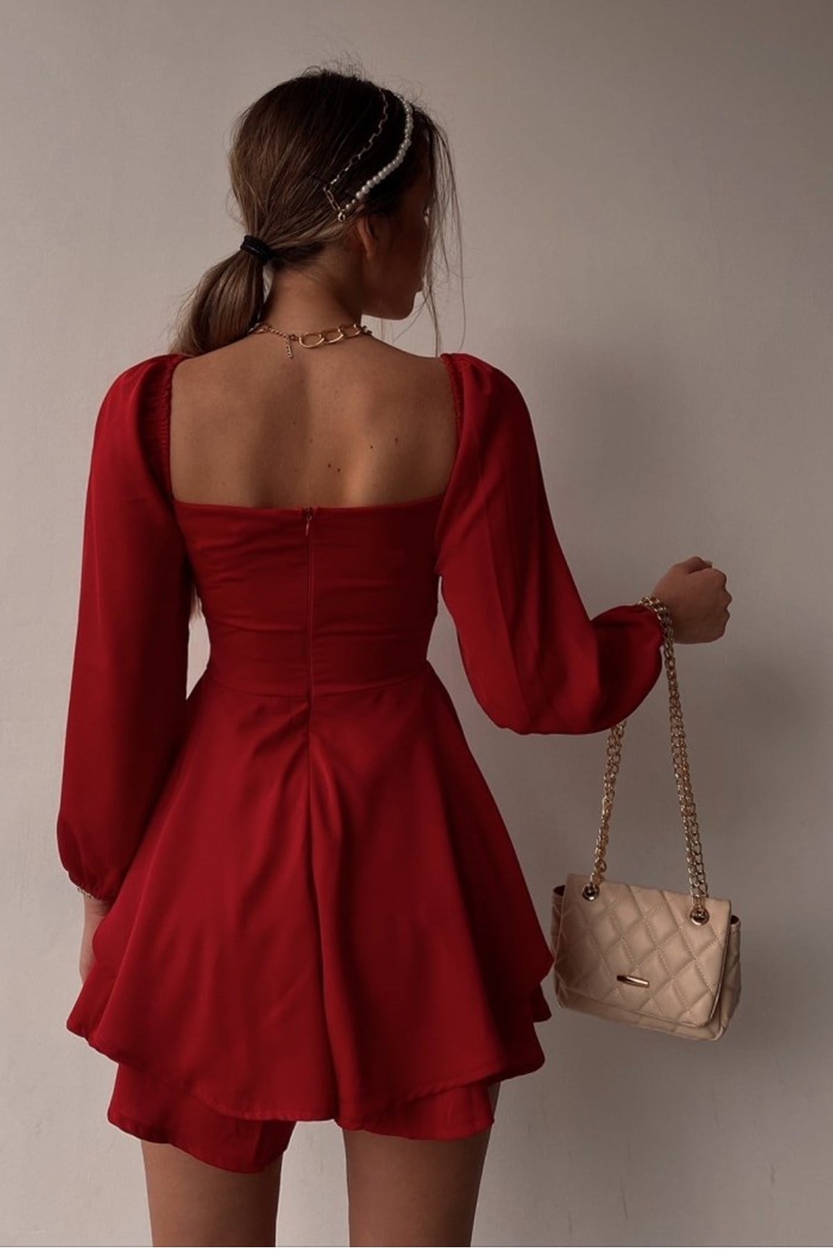 JESSİCA KUMAŞ GÖĞÜS DEKOLTELİ UZUN KOLLU KIRMIZI TULUM RED BODYSUIT MSCX-114-KIRMIZI
