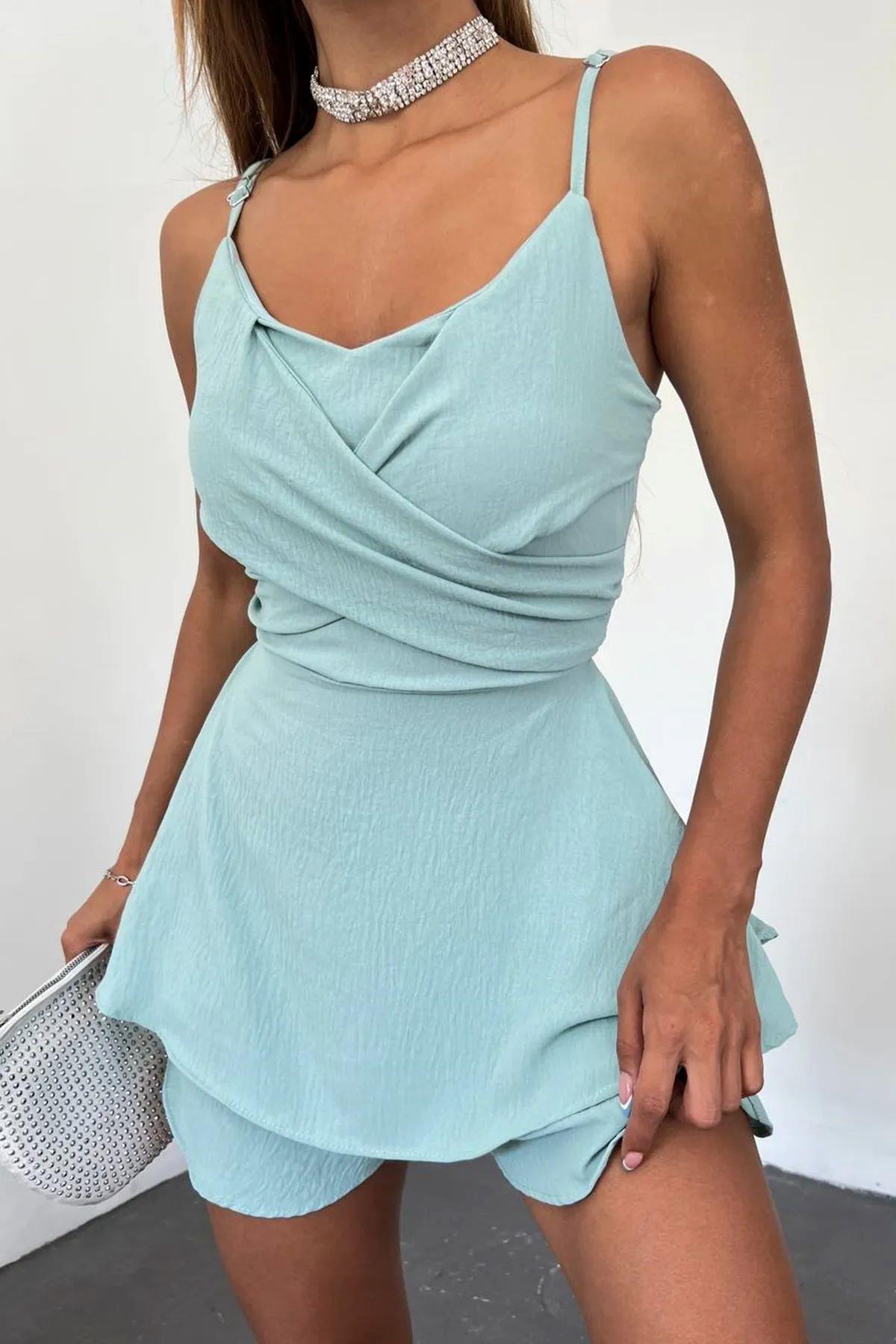 Kadın Aerobin Kumaş Yakası Çapraz Detay Eteği Volanlı Askılı Mint Tulum 7034