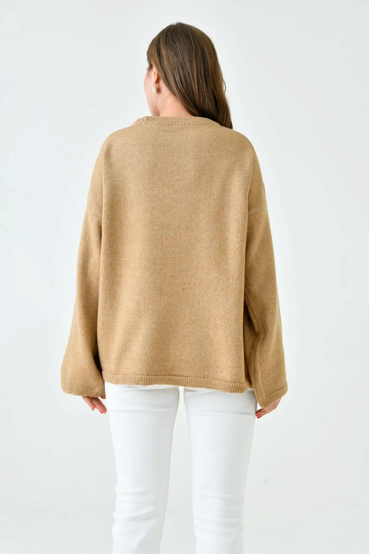 Kadın Düşük Omuz İspanyol Kol Bisiklet Yaka Uzun Kollu Camel Oversize Triko Kazak 4091