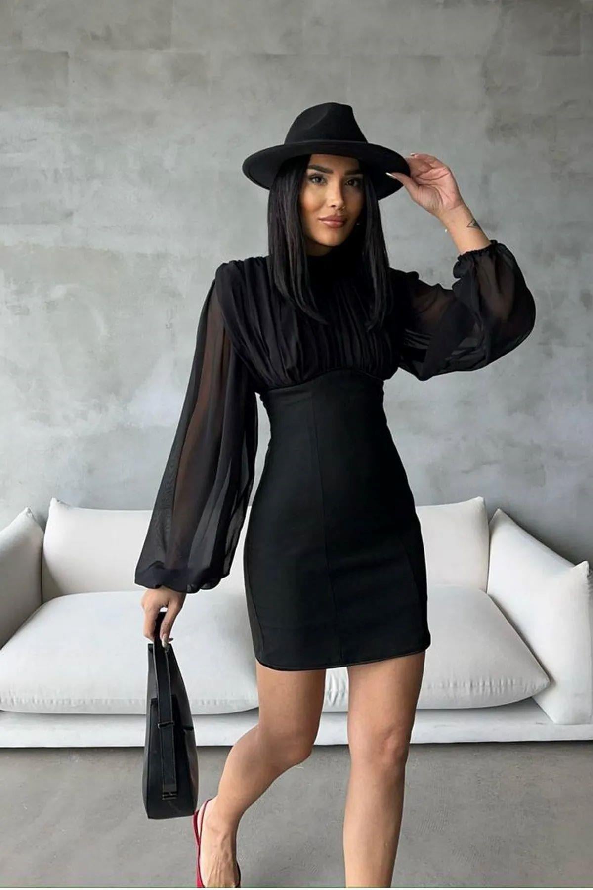 Kadın Krep Kumaş Dik Yaka Drape Detaylı Kolları Tül Tasarım Siyah Mini Abiye Elbise 083