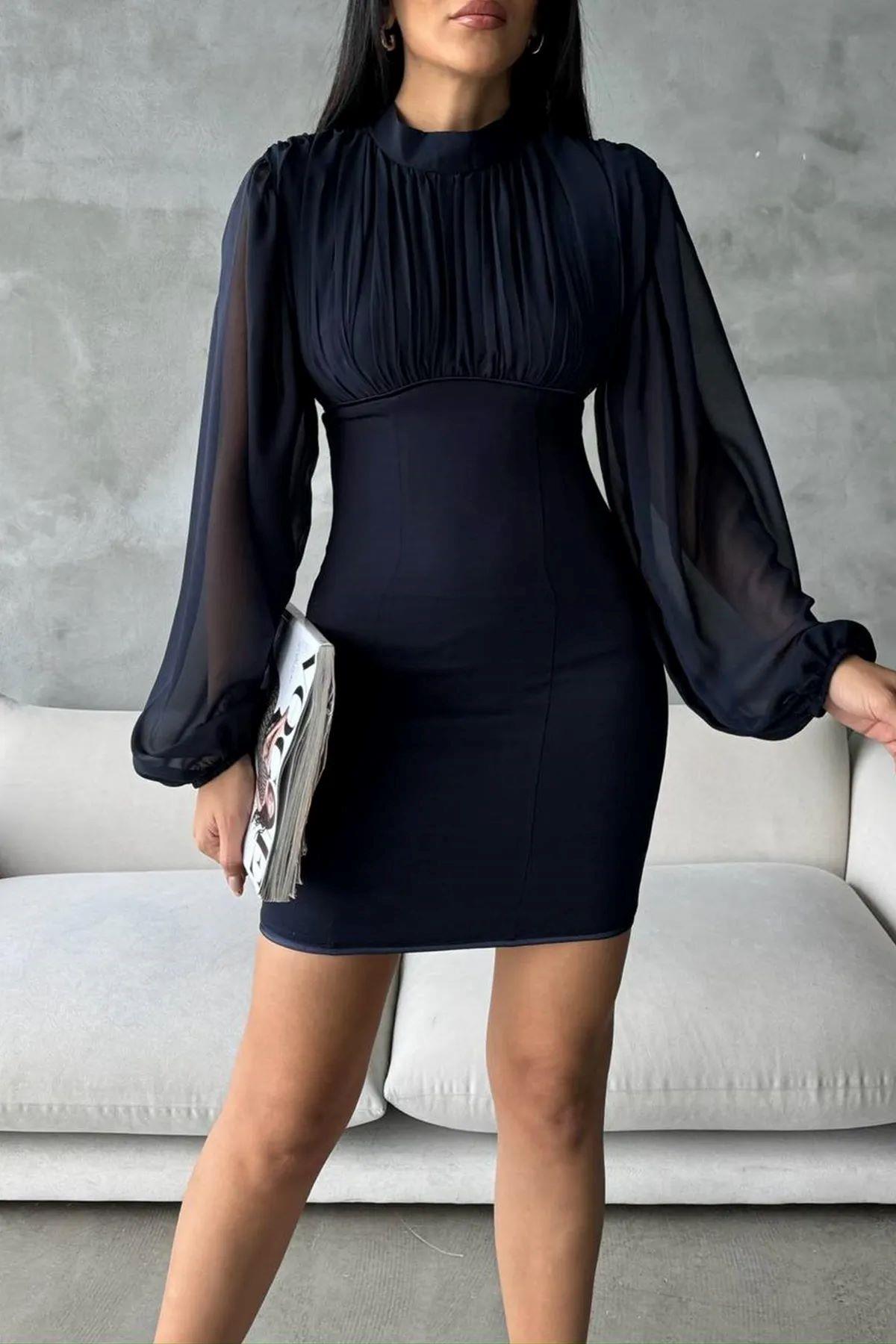 Kadın Krep Kumaş Dik Yaka Drape Detaylı Kolları Tül Tasarım Lacivert Mini Abiye Elbise 083