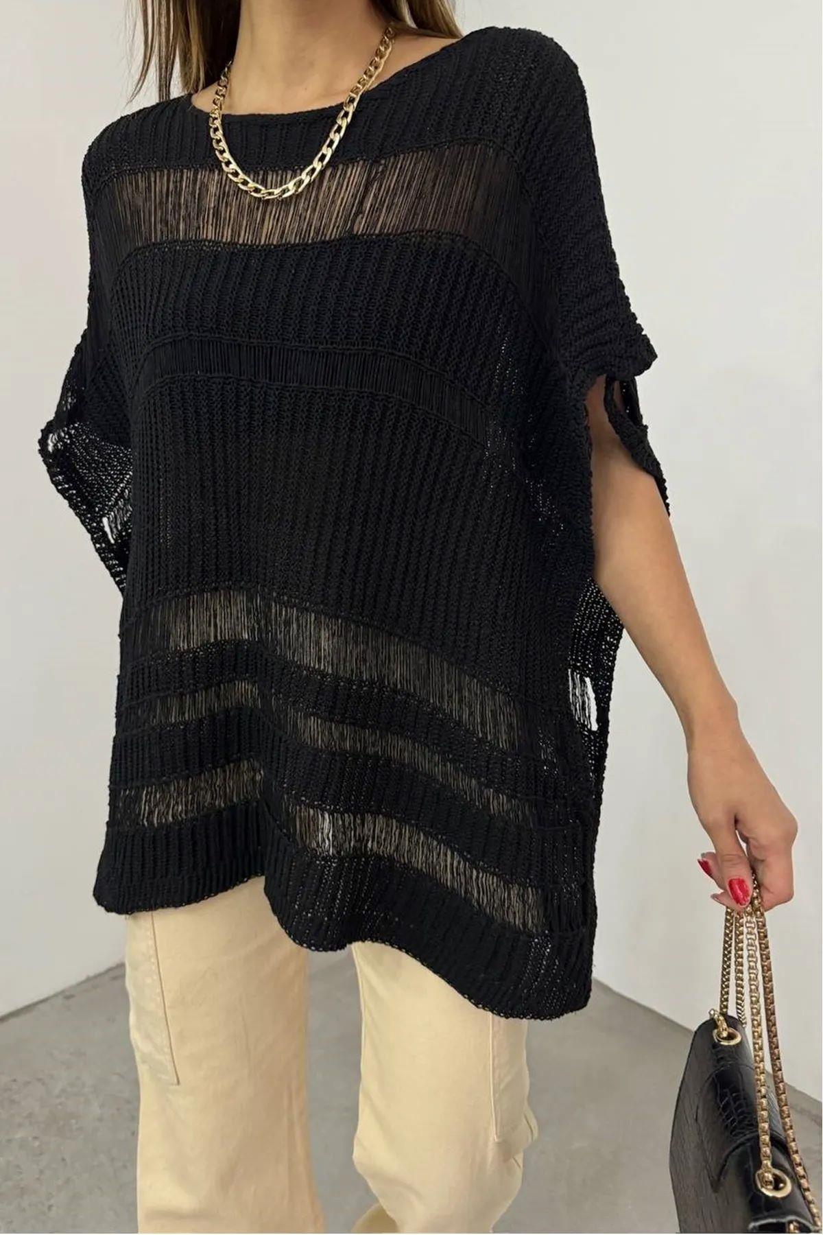 Kadın Triko Yarasa Kol Şerit Ajurlu Oversize Siyah Bluz 1018