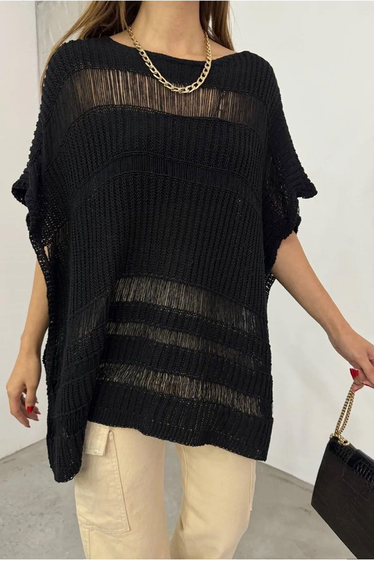 Kadın Triko Yarasa Kol Şerit Ajurlu Oversize Siyah Bluz 1018