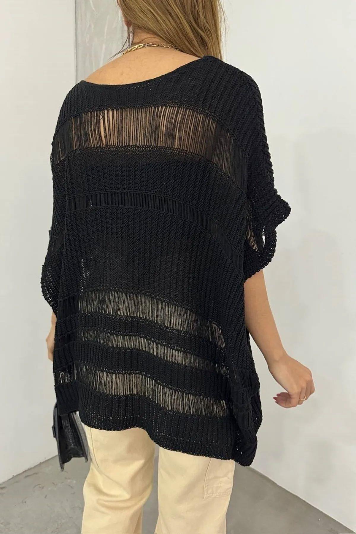 Kadın Triko Yarasa Kol Şerit Ajurlu Oversize Siyah Bluz 1018