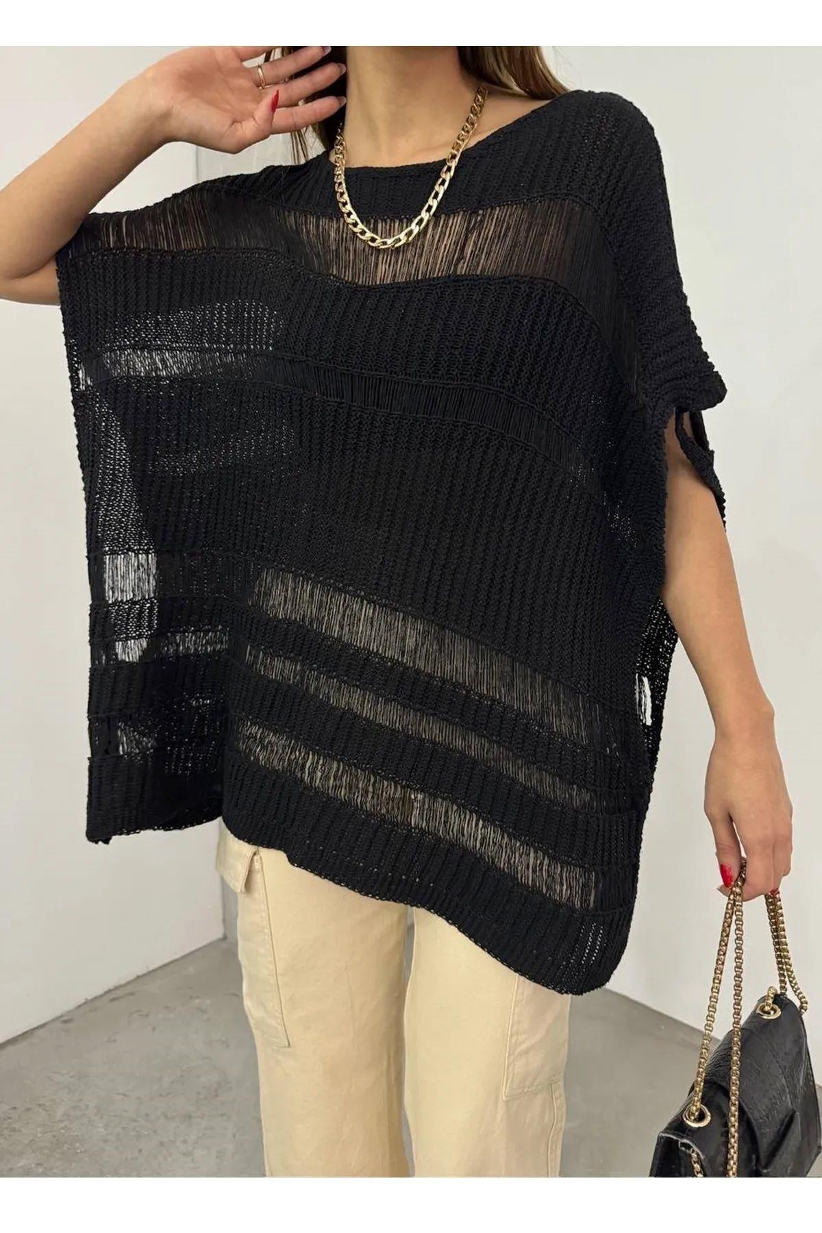 Kadın Triko Yarasa Kol Şerit Ajurlu Oversize Siyah Bluz 1018