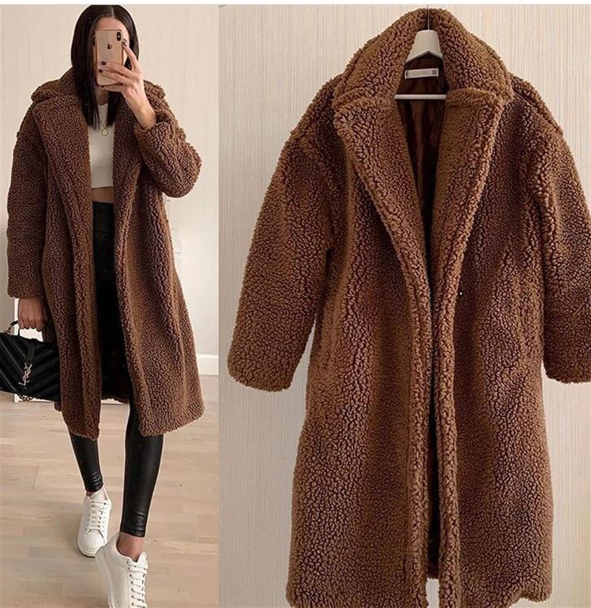 KAHVERENGİ PELUZ UZUN MONT PALTO KAHVERENGİ PELUŞ KIŞLIK MONT KABAN BROWN COAT LP-228