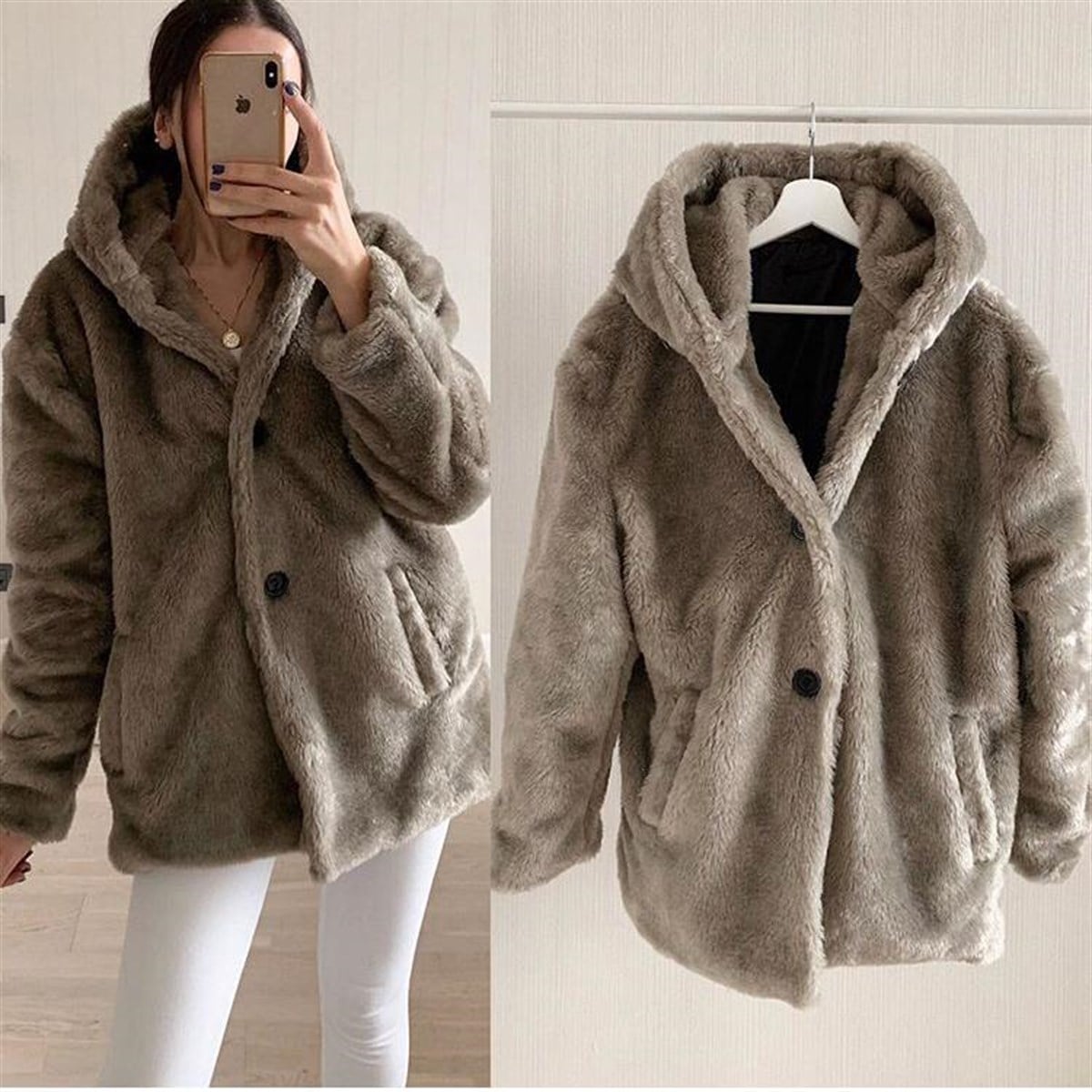 KAPŞONLU GRİ KÜRK MONT GRİ KIŞLIK MONT KABAN GREY COAT LP-229