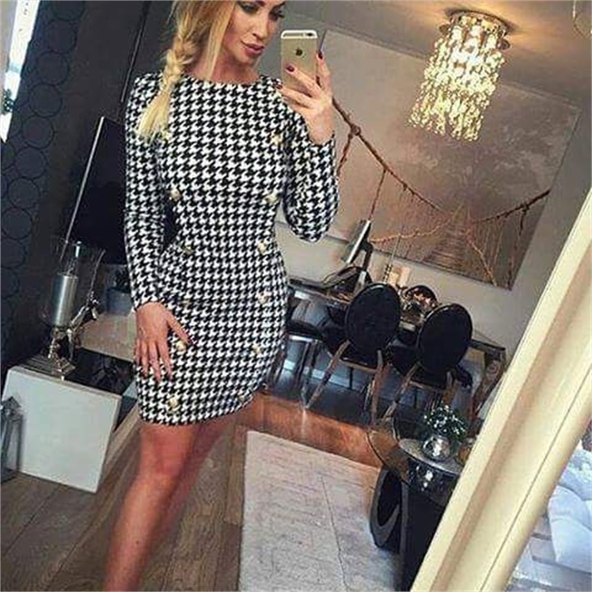 KAZ AYAĞI DESEN ESNEK DALGIÇ KUMAŞ MİNİ ELBİSE DNM-265