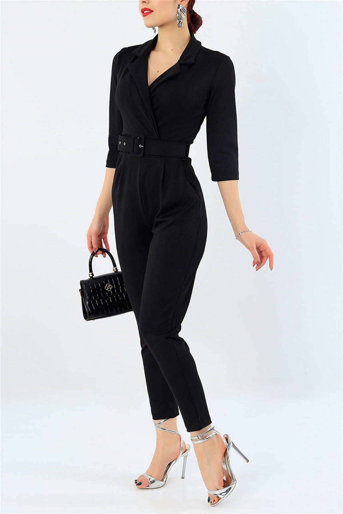 KEMER DETAYLI TEK PARÇA SİYAH TULUM SİYAH BODYSUİT SİYAH GÜNLÜK TULUM BLACK BODYSUIT DKS-005