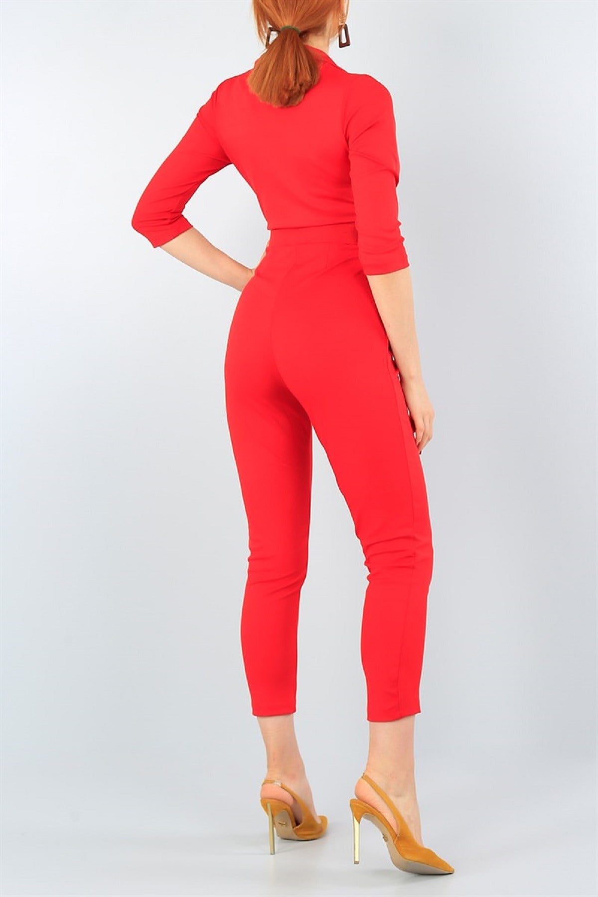 KEMER DETAYLI UZUN KOLLU TEK PARÇA KIRMIZI TULUM KIRMIZI BODYSUİT KIRMIZI GÜNLÜK TULUM RED BODYSUIT HY-75309-KIRMIZI