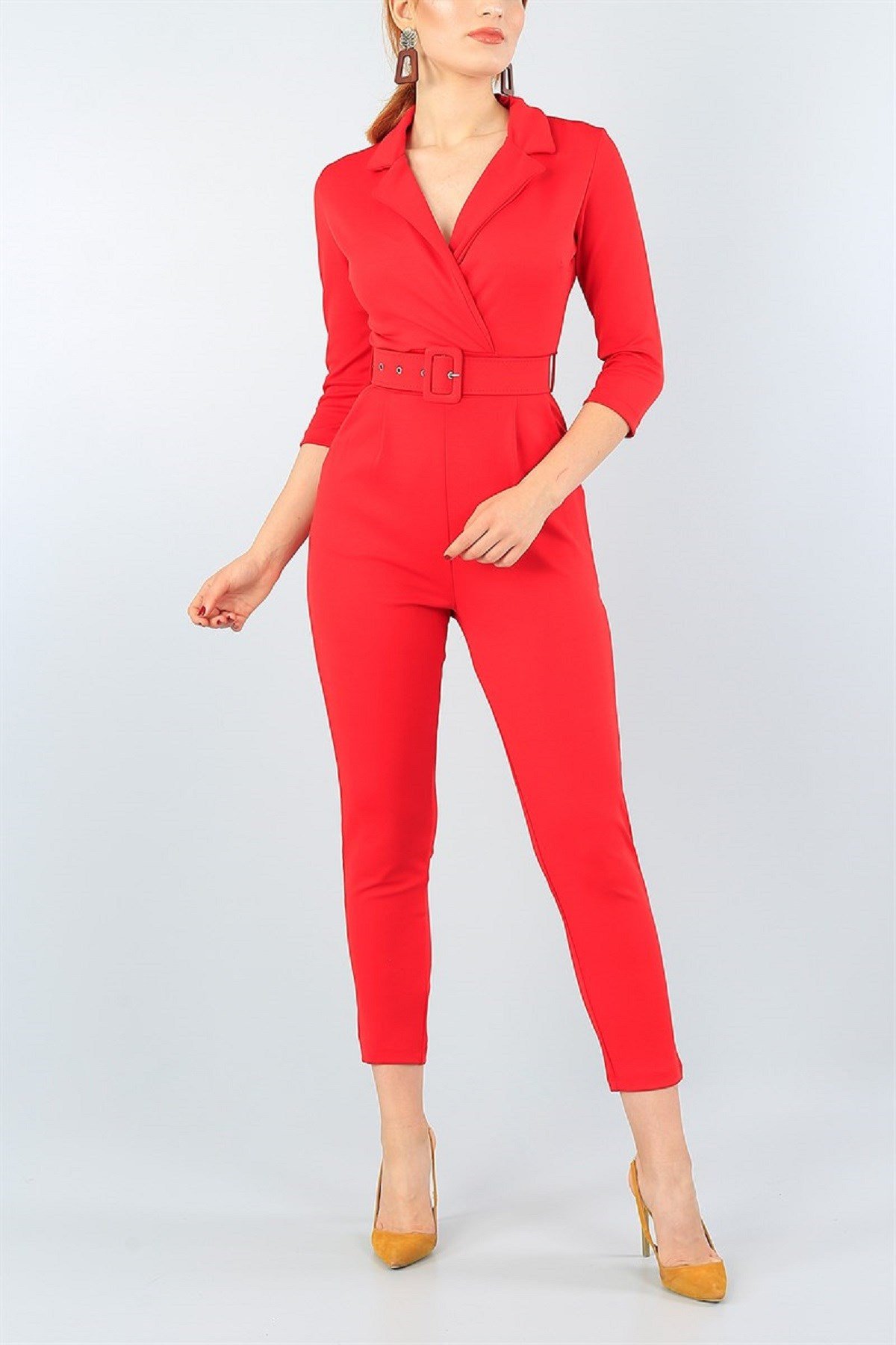 KEMER DETAYLI UZUN KOLLU TEK PARÇA KIRMIZI TULUM KIRMIZI BODYSUİT KIRMIZI GÜNLÜK TULUM RED BODYSUIT HY-75309-KIRMIZI