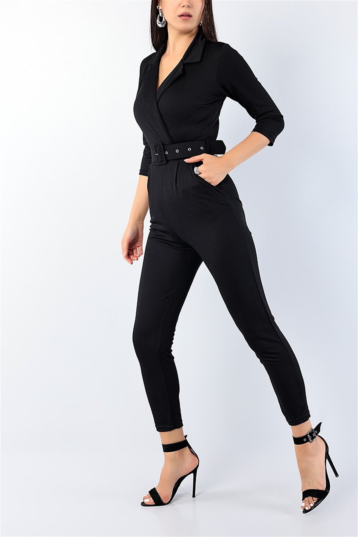 KEMER DETAYLI UZUN KOLLU TEK PARÇA SİYAH TULUM SİYAH BODYSUİT SİYAH GÜNLÜK TULUM BLACK BODYSUIT HY-75309