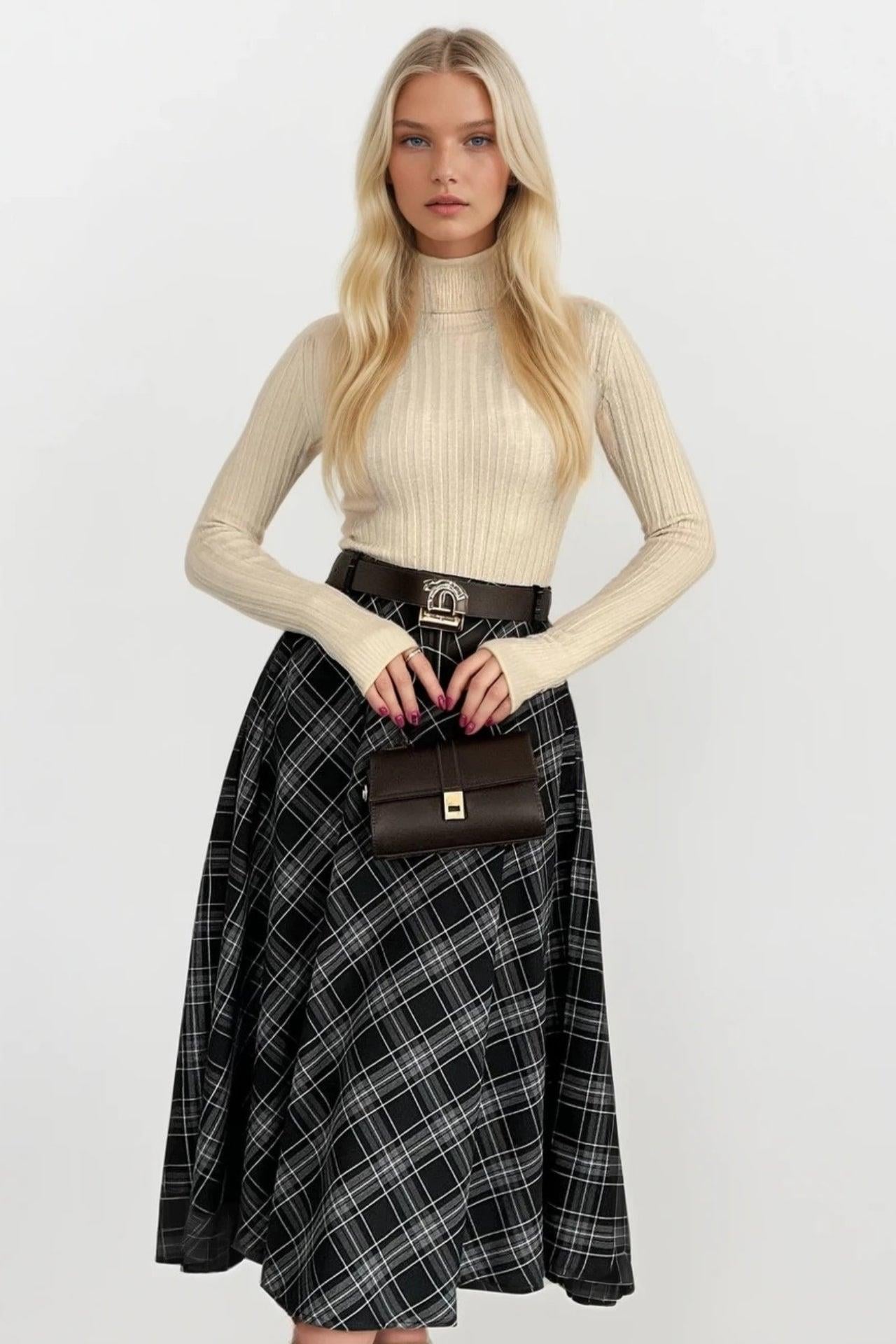 Kemerli Maxi Boy Siyah Ekose Etek