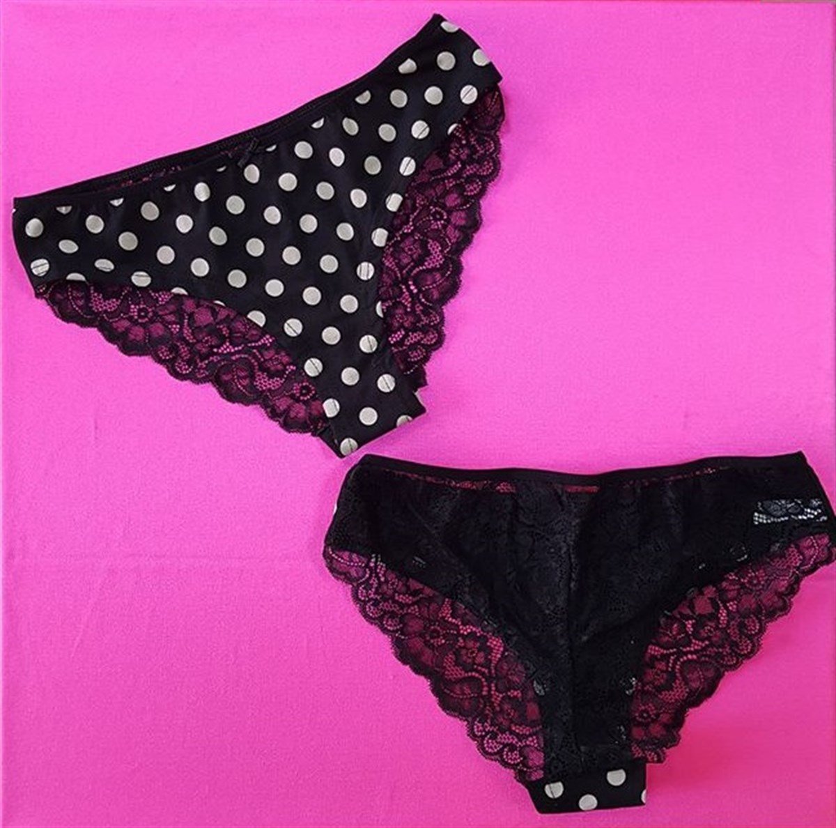 KOZA ARKASI ESNEK DANTEL DETAYLI PUANTİYE DESENLİ KADIN KÜLOT LACE AND POLKA PANTY KZ-004-2