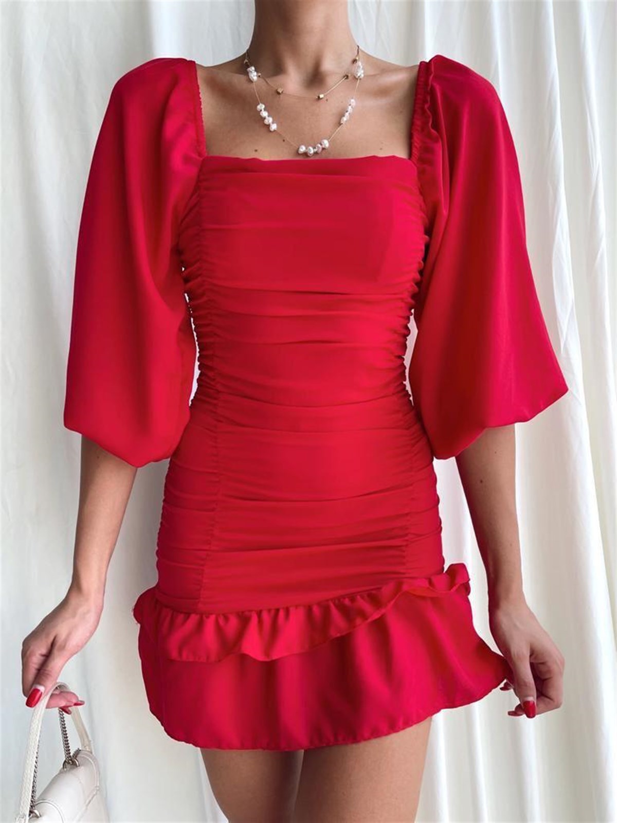 KREP KUMAŞ BALON KOL KARE YAKA KIRMIZI MİNİ ELBİSE RED MINI DRESS SD-008-KIRMIZI
