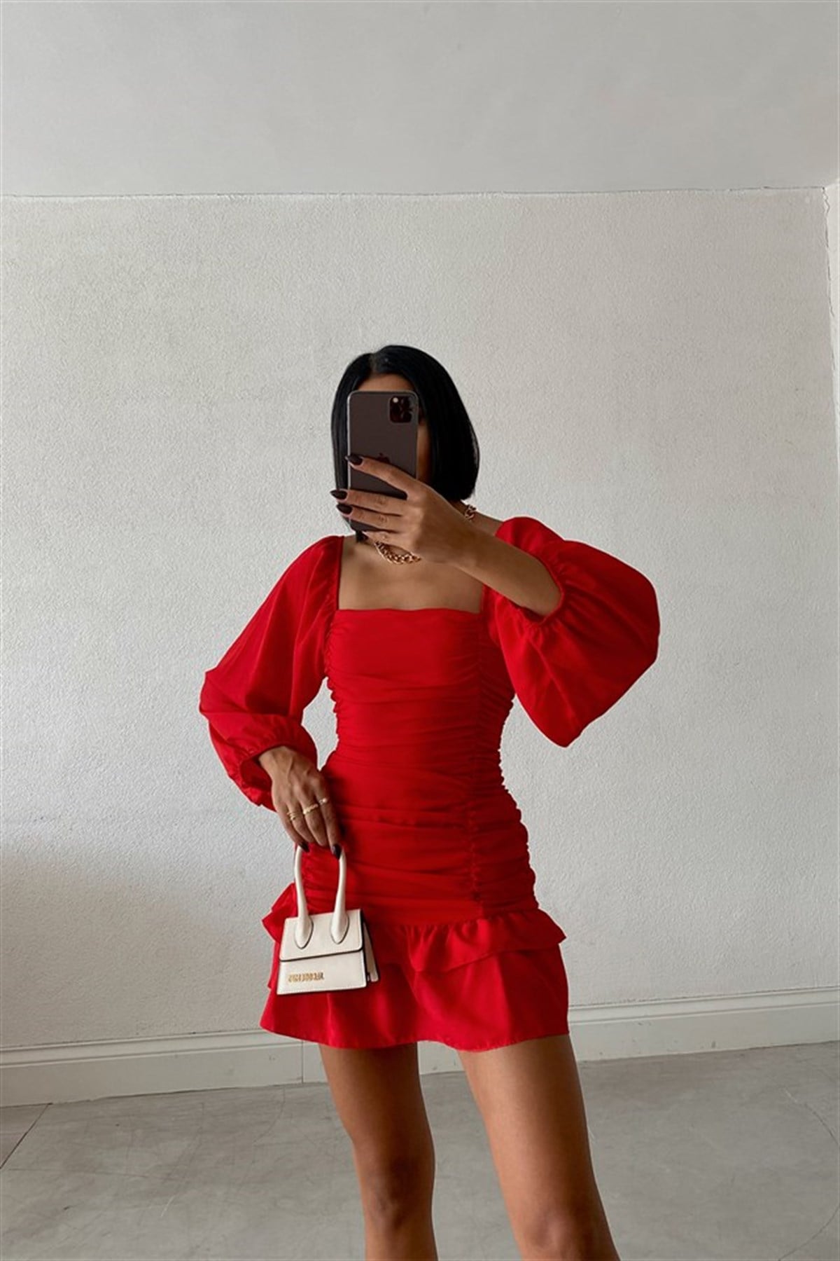 KREP KUMAŞ BALON KOL KARE YAKA KIRMIZI MİNİ ELBİSE RED MINI DRESS SD-008-KIRMIZI