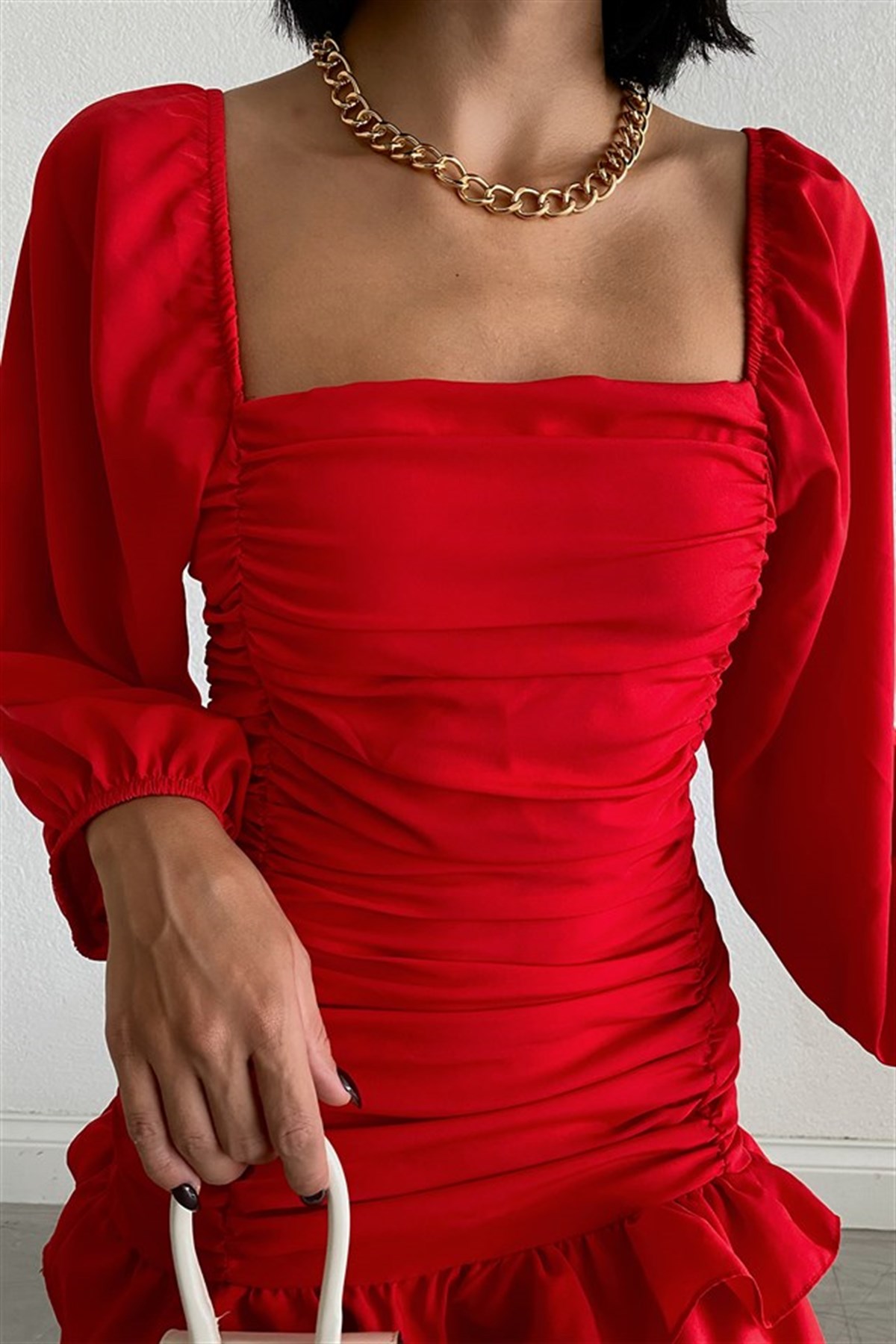 KREP KUMAŞ BALON KOL KARE YAKA KIRMIZI MİNİ ELBİSE RED MINI DRESS SD-008-KIRMIZI