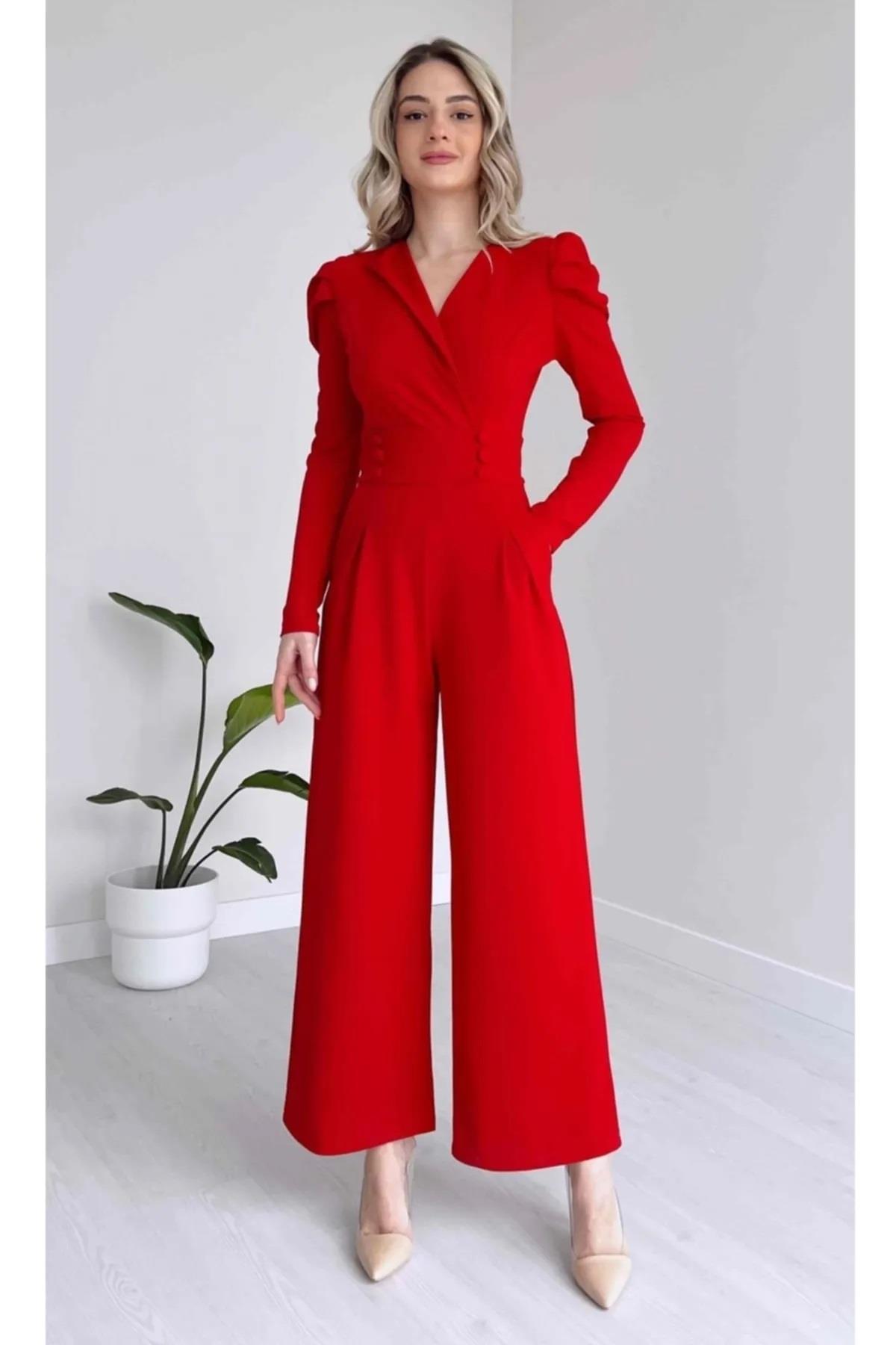 Krep Kumaş Düğme Detay Geniş Paça Uzun Kollu Kırmızı Abiye Tulum Red Bodysuit 029