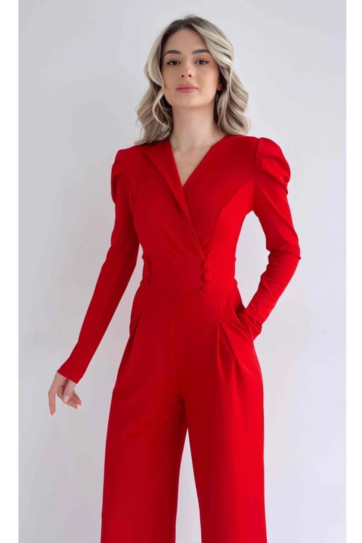Krep Kumaş Düğme Detay Geniş Paça Uzun Kollu Kırmızı Abiye Tulum Red Bodysuit 029