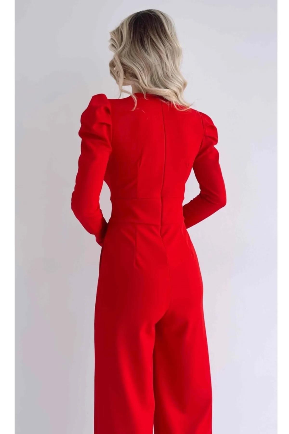 Krep Kumaş Düğme Detay Geniş Paça Uzun Kollu Kırmızı Abiye Tulum Red Bodysuit 029
